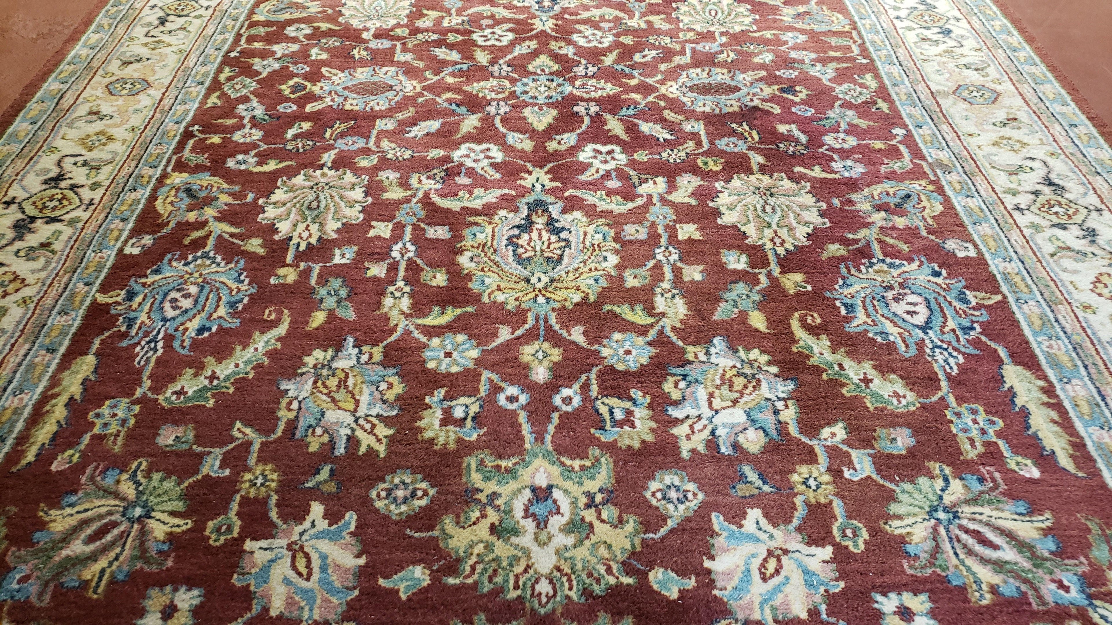 8x12 Indo-Mahal Rug, Floral Allover, Red & Beige, Wool Vintage Handmade Traditional Carpet