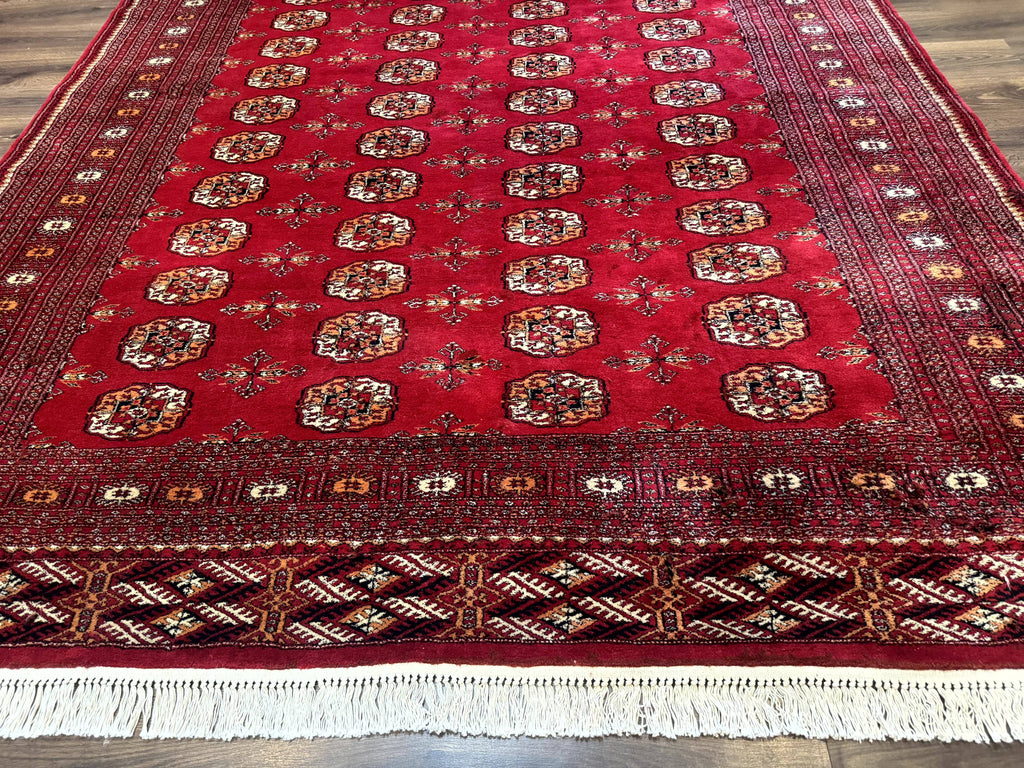 Red Turkoman Bokhara Rug 8x11, Pakistani Turkmen Carpet, Vintage Traditional Area Rug
