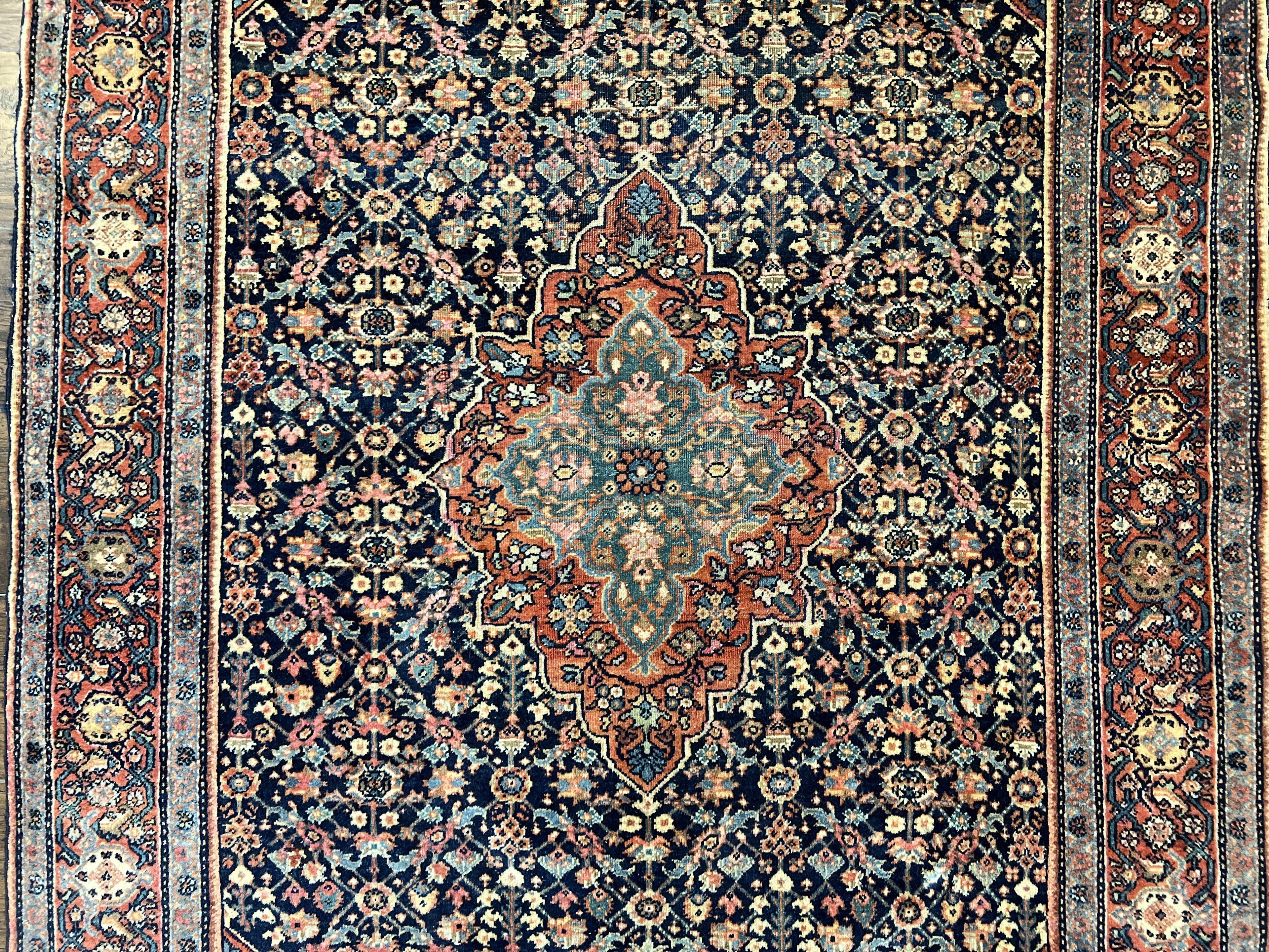 Persian Rug 4x7 Antique Sarouk Farahan Carpet, Navy Blue and Red Wool Rug