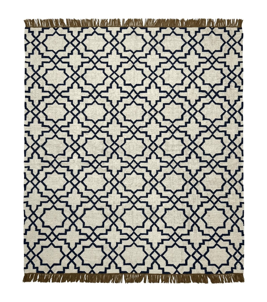 Indian Kilim Rug 8x10, Oat and Navy Blue, Dhurrie Carpet, Handmade, Wool