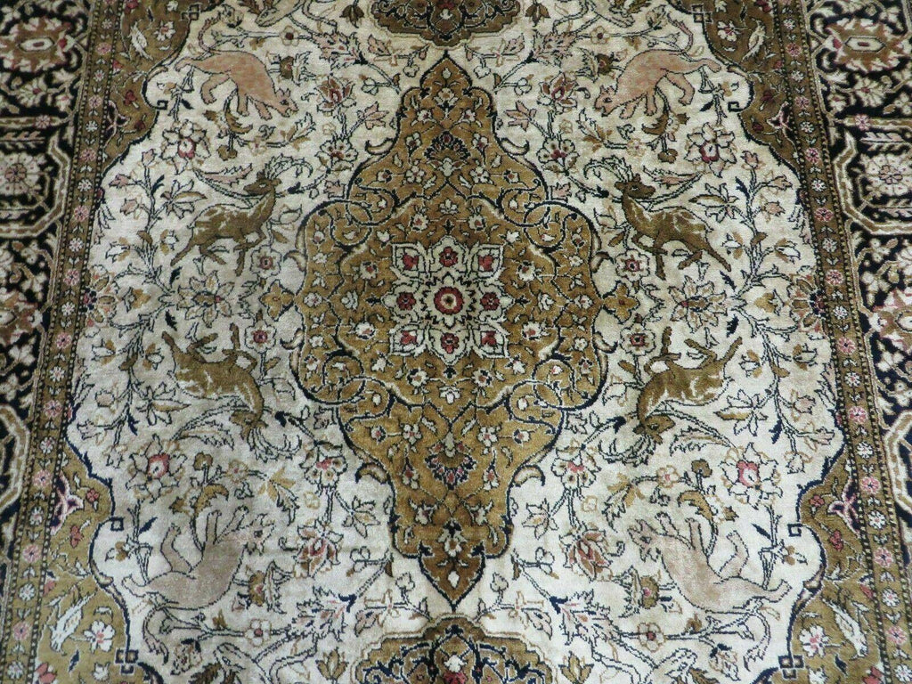 Handmade Silk Rug 3x5, Vintage Antique Silk Carpet, Hand-Knotted Oriental Rug 3 x 5, Animal Motifs, Deer Birds, One-Of-A-Kind