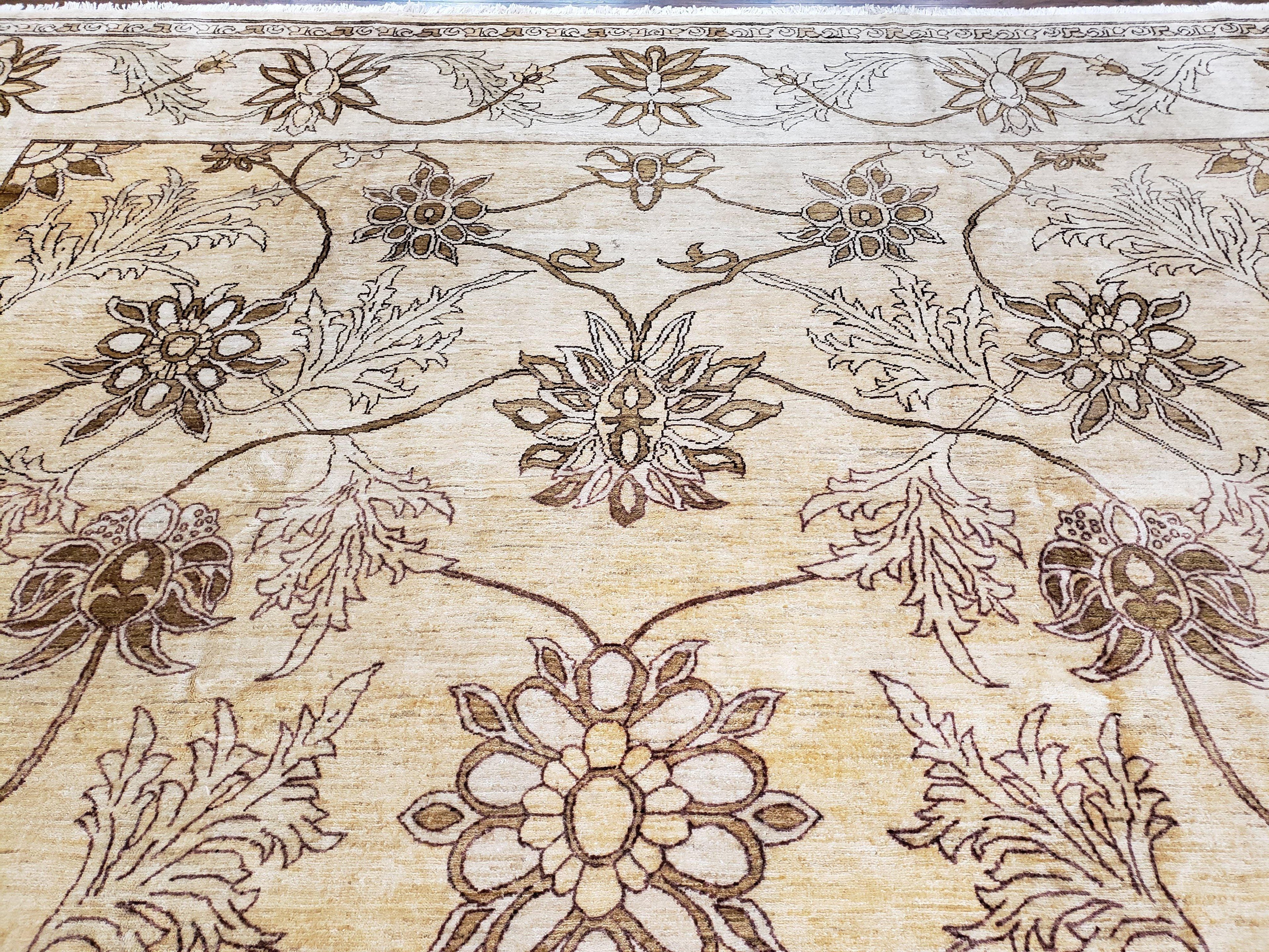 Oversized Peshawar Chobi Oushak Area Rug 11.6 x 12.5, Wool Hand-Knotted Light Gold & Ivory Decorative Pakistani Floral Carpet, 11x12 - 12x13