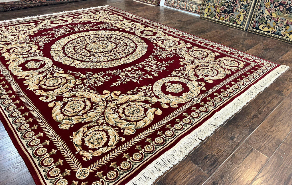 Aubusson Rug 9x12, Wool Handmade Carpet, Elegant French European Design, Dark Maroon Red, 9 x 12 Room Sized Rug, Finely Hand Knotted