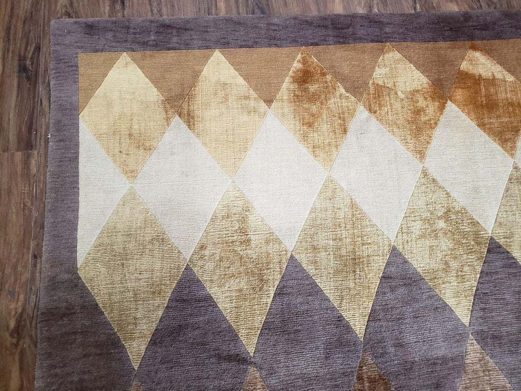 Modern Tibetan Rug 8.6 x 11, Wool and Silk, Multicolor, Diamond Panel Design
