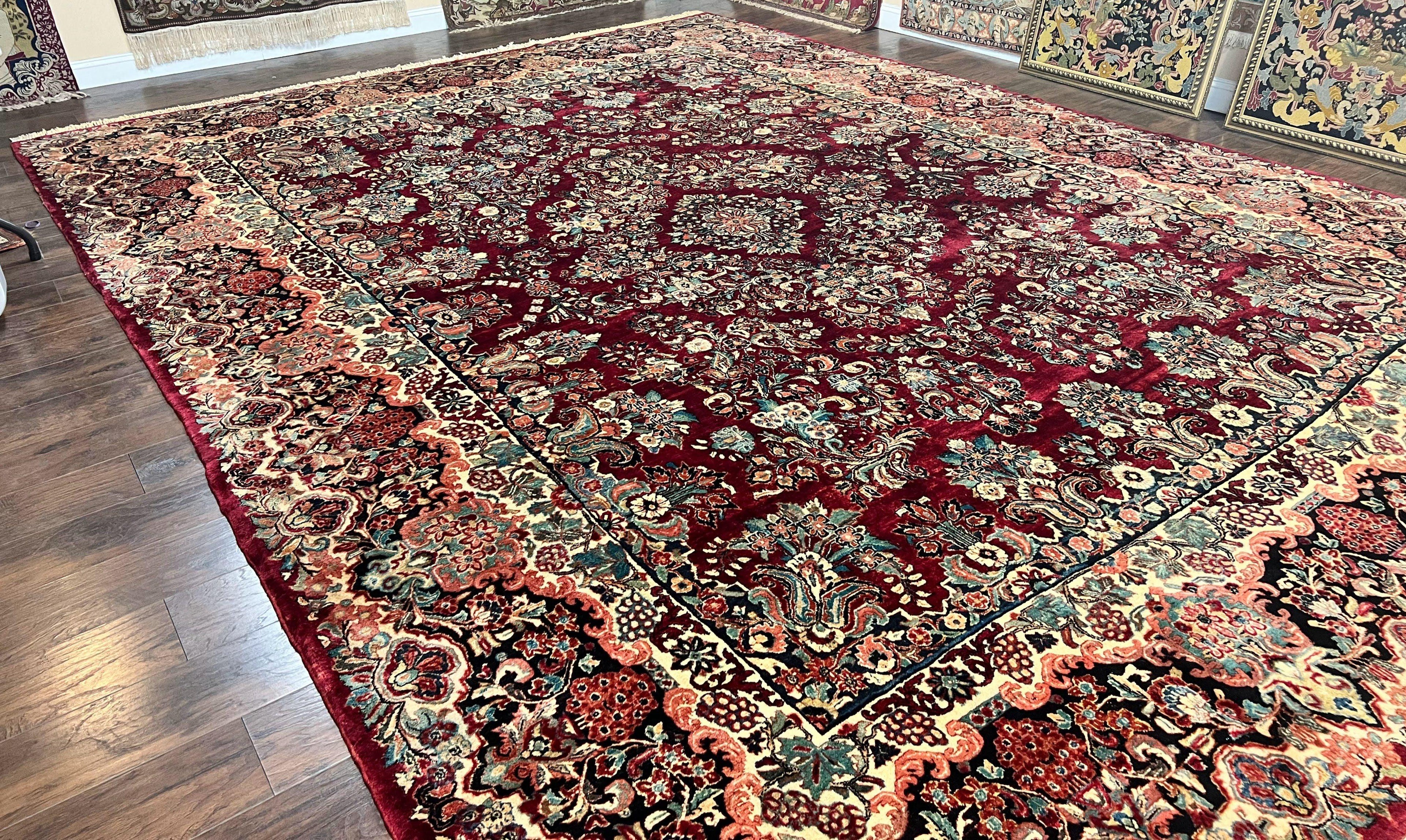 Persian Sarouk Rug 12x17, Wool Hand Knotted Antique Carpet, Dark Red, Traditional Floral Oriental Rug, 12 x 17 Extra Large Handmade Rug