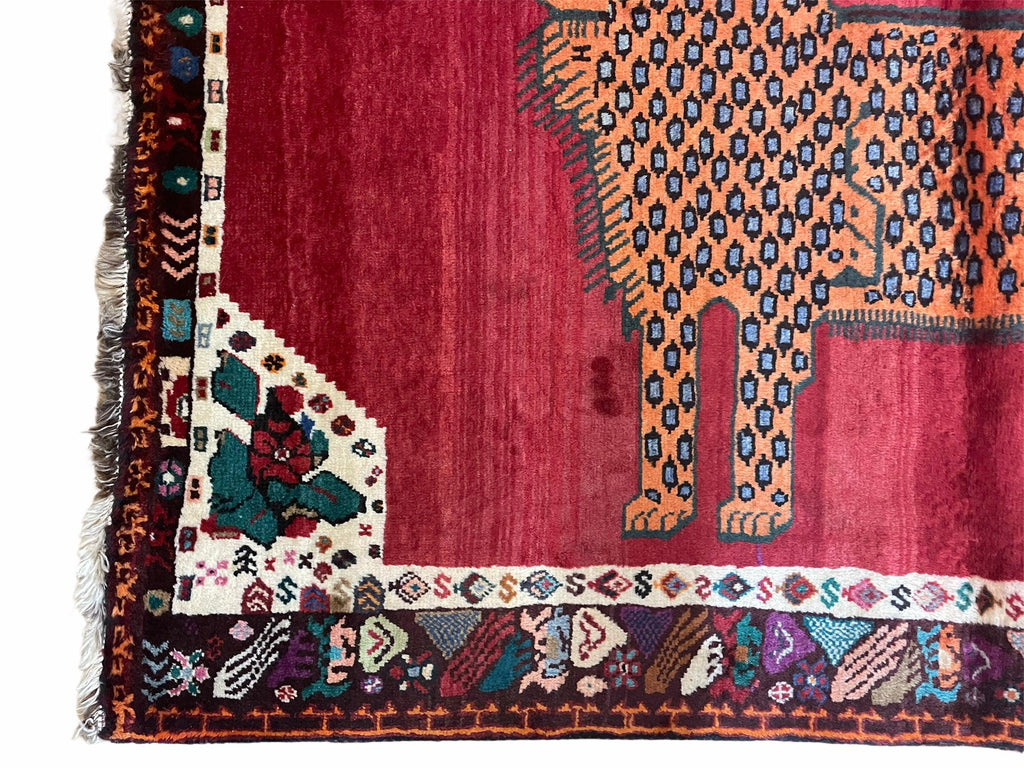 Antique Persian Gabbeh Wool Rug 4x5, Lion Pictorial Rug, Red Orange Black, Hand Knotted Handmade Vintage Gabbeh Carpet 4 x 5 ft, Tribal Rug
