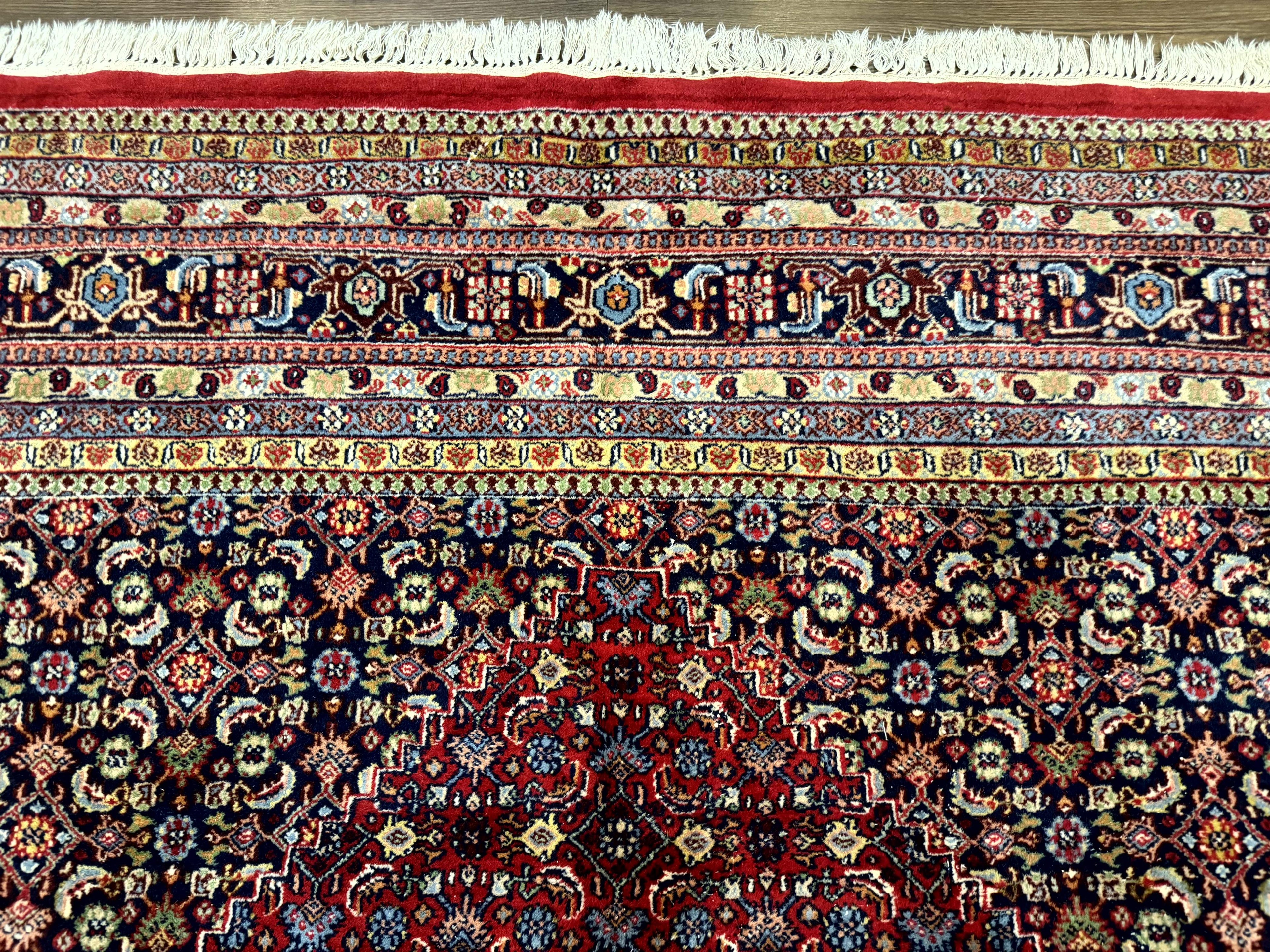 Indo Persian Bidjar Rug 10x14, Red and Dark Blue, Herati Mahi Pattern, Vintage