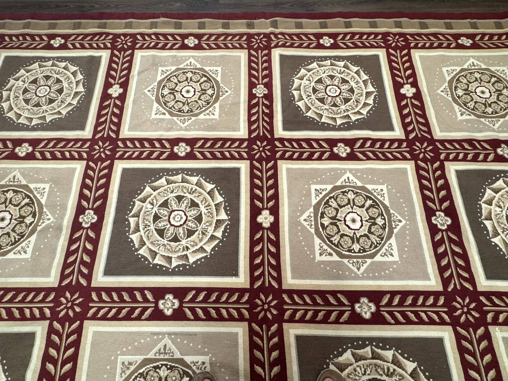 Needlepoint Rug 9x12, Panel Design, Burgundy Taupe, Elegant