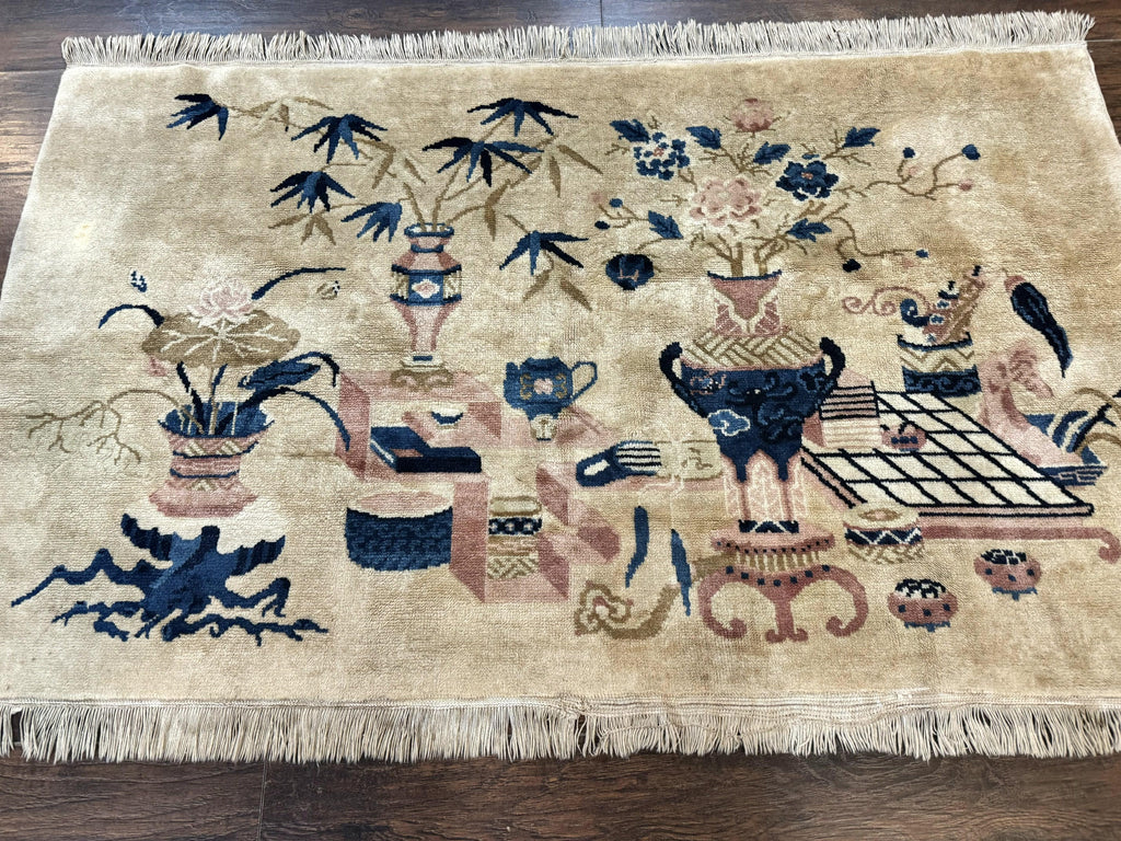 Chinese Rug 5x3, Horizontal Rug, Vases Flowers, Handmade Antique Vintage Carpet, Peking Rug, Chinese Wool Rug