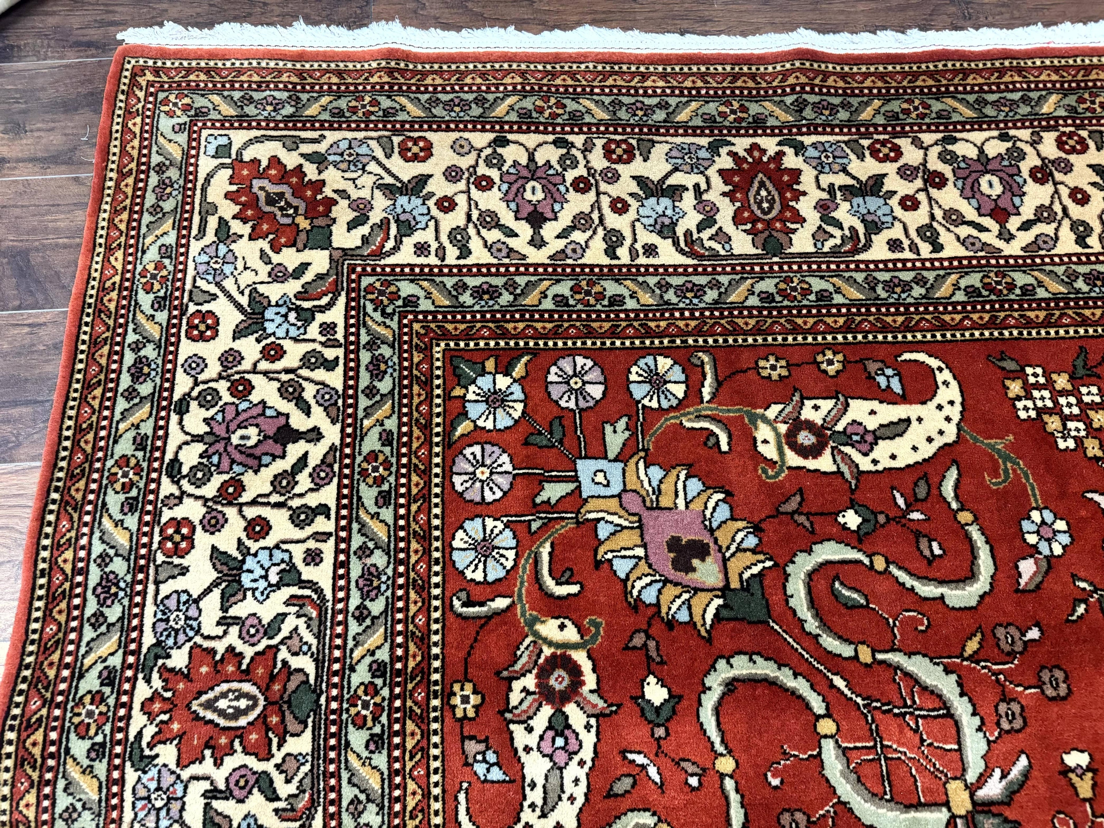 Romanian Rug 10x13, Vintage Handmade Wool Carpet, Floral Pattern, Birds, Red and Cream, Signed By Masterweaver, Persian Rug