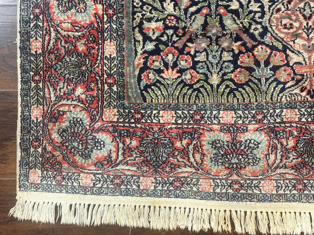 Silk Indian Kashmiri Rug 4x6, Tree of Life Pattern, Birds, Fine 290 KPSI, Navy Blue and Red, Handmade Oriental Carpet