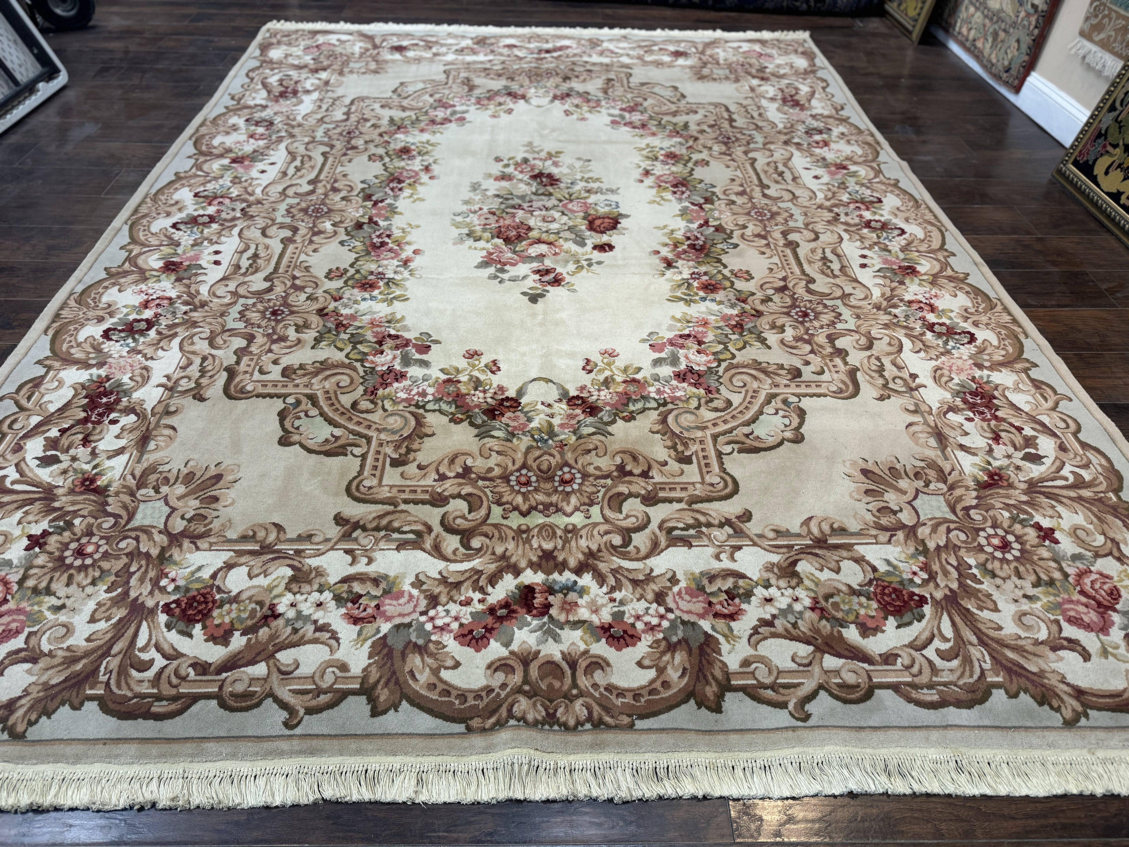 Aubusson Rug 8x12, European French Savonnerie Design, Thick Wool Pile, Elegant Rug, Cream Beige Light Green