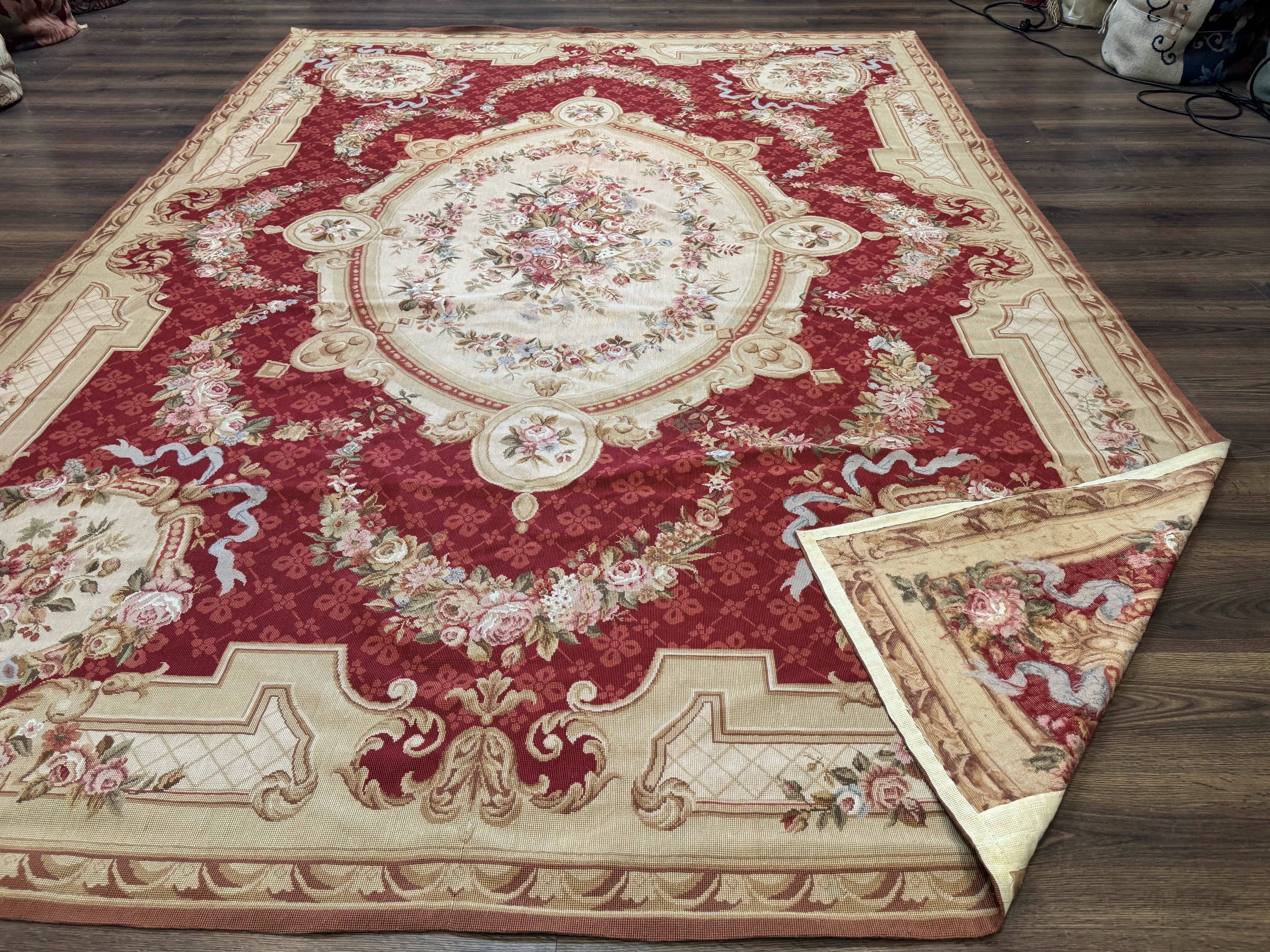 Aubusson Rug 8x11, Needlepoint Carpet, Red Ivory Beige, Vintage, French European Design