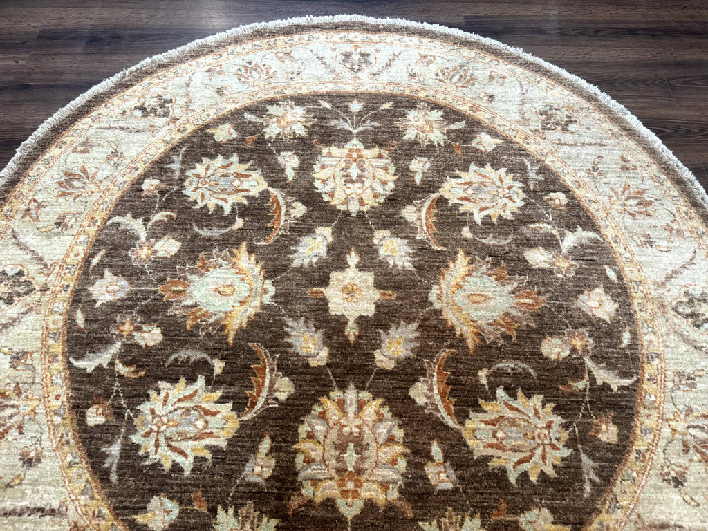 Round Pakistani Rug 6x6, Brown and Beige, Floral, Peshawar Rug, Traditional