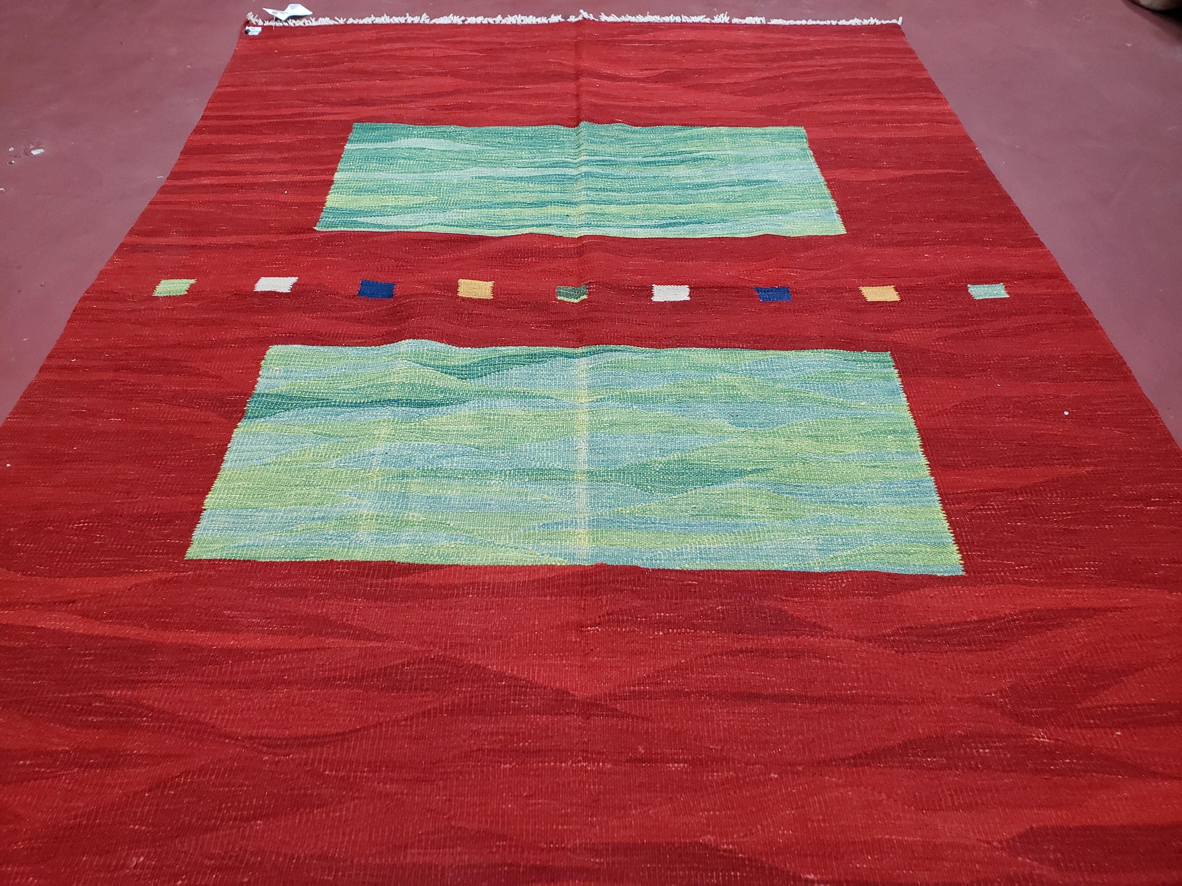 Red Turkish Kilim Rug, 5x7 - 6x8 Rugs, Red and Green Kilim Carpet, Kilim Area Rugs, Flatweave No Pile Rug, New Turkish Rug, Handmade Kilim