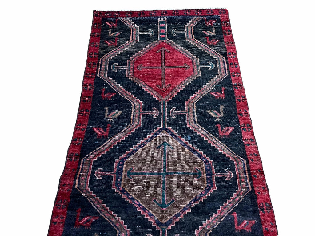 3 X 7 Handmade Wool Tribal Runner Rug Geometric Red Blue Boho Organic Dyes