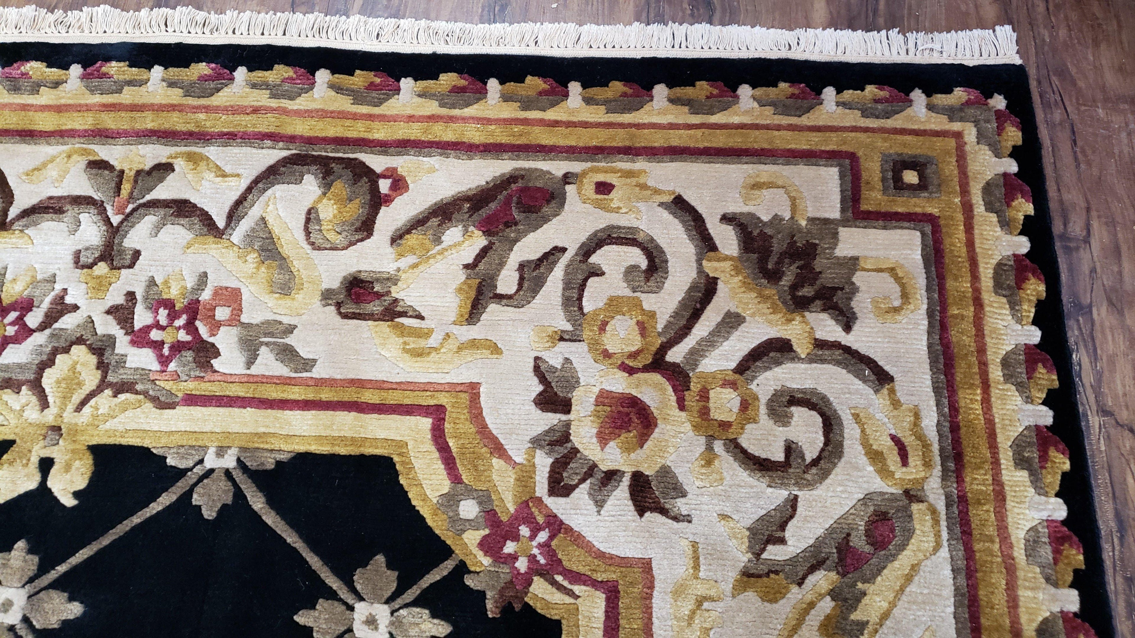 Nepal Rug 6x9, New Aubusson Nepalese Tibetan Carpet 6'1" x 8' 8", Hand-Knotted Wool, Unused, Black & Cream, Savonnerie Pattern, Soft Pile