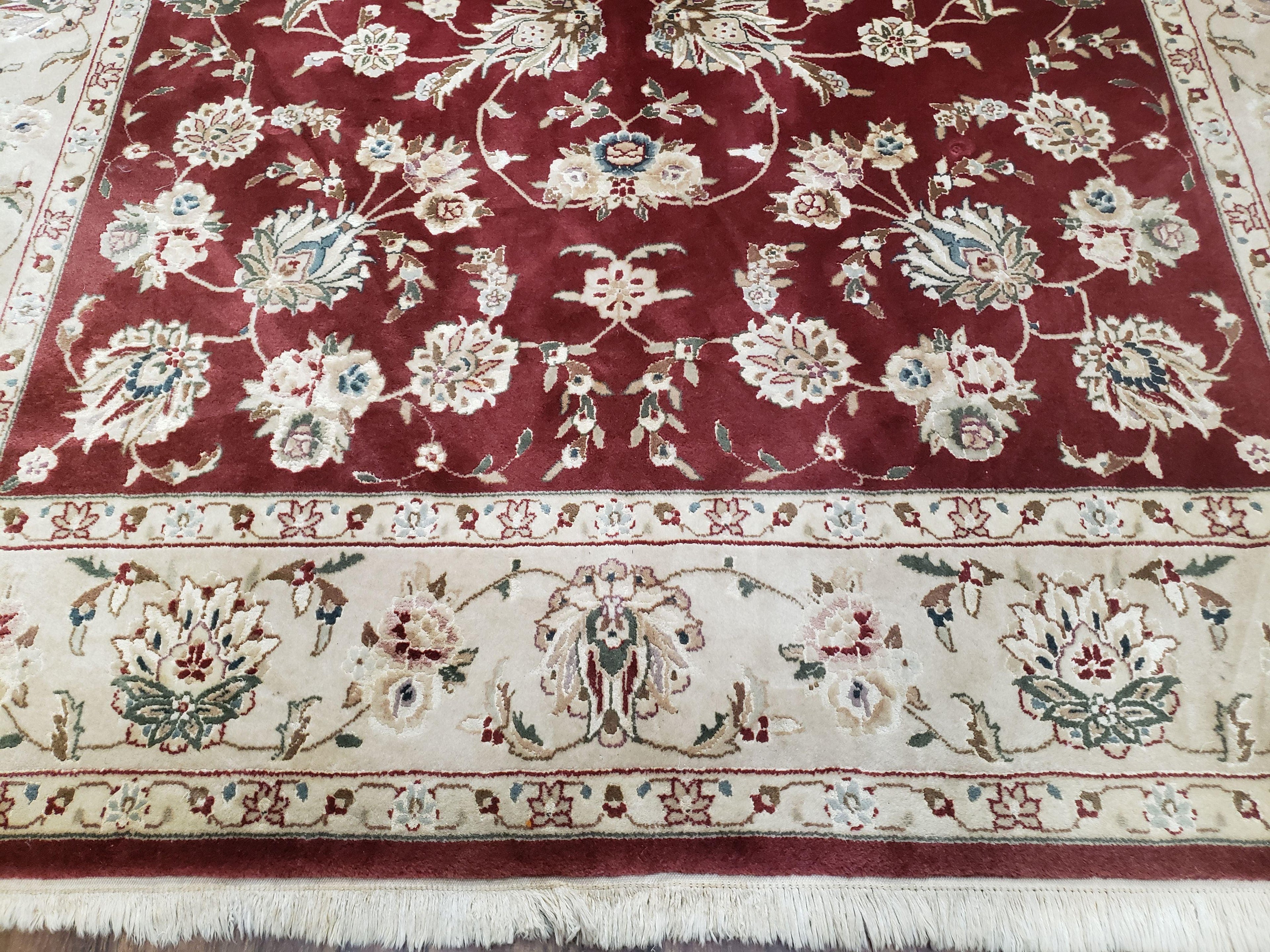 Vintage Traditional Oriental Area Rug, Hand-Knotted, Wool & Silk Accents, Maroon Red and Beige, 6x9 Carpet, 5' 9" x 9'