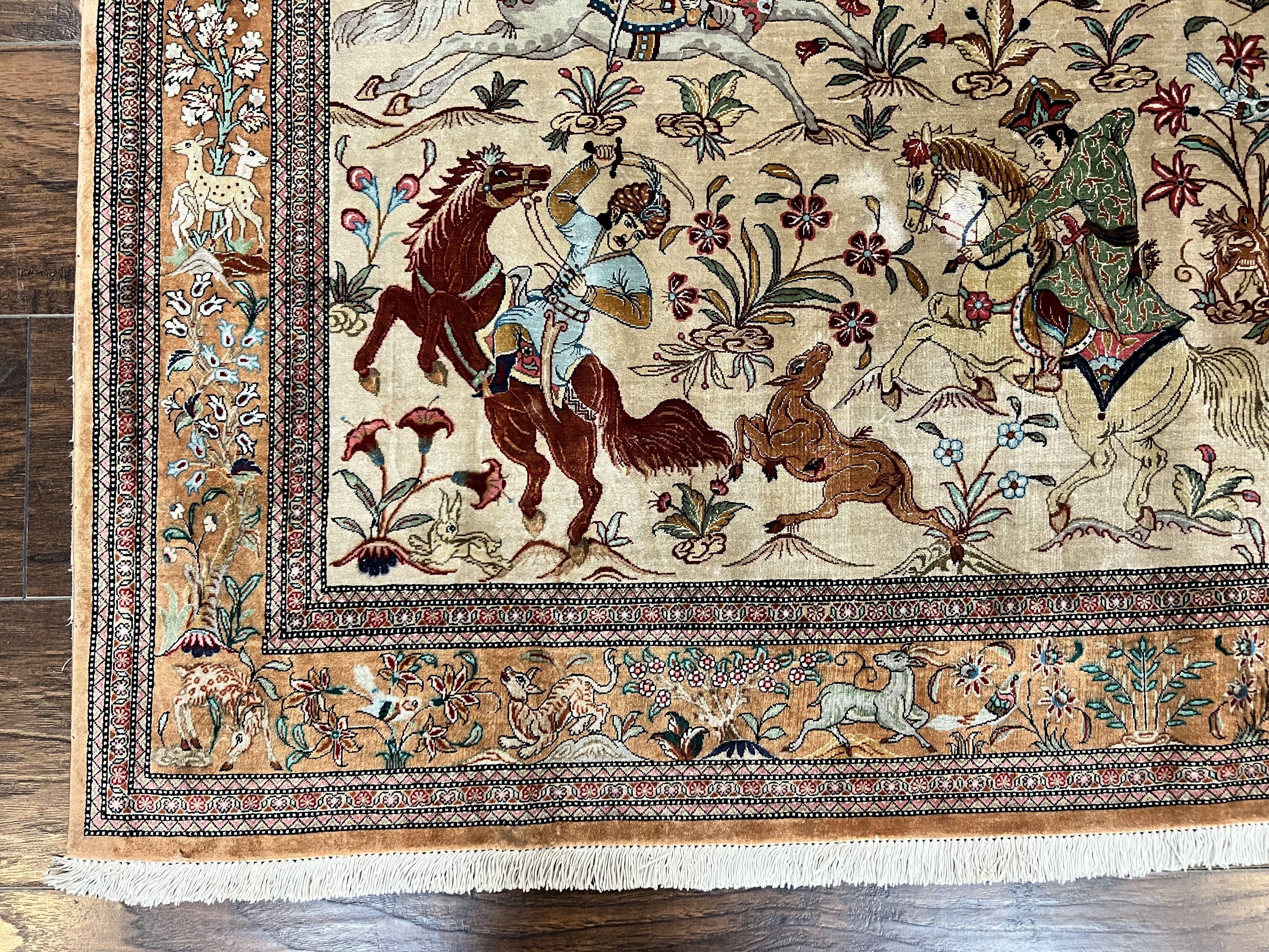 Silk Persian Qum Rug 3x5, Hunting Pattern, Handmade Vintage Carpet, Signed by Master Weaver, Horsemen Pictorials, Super Fine 650 KPSI
