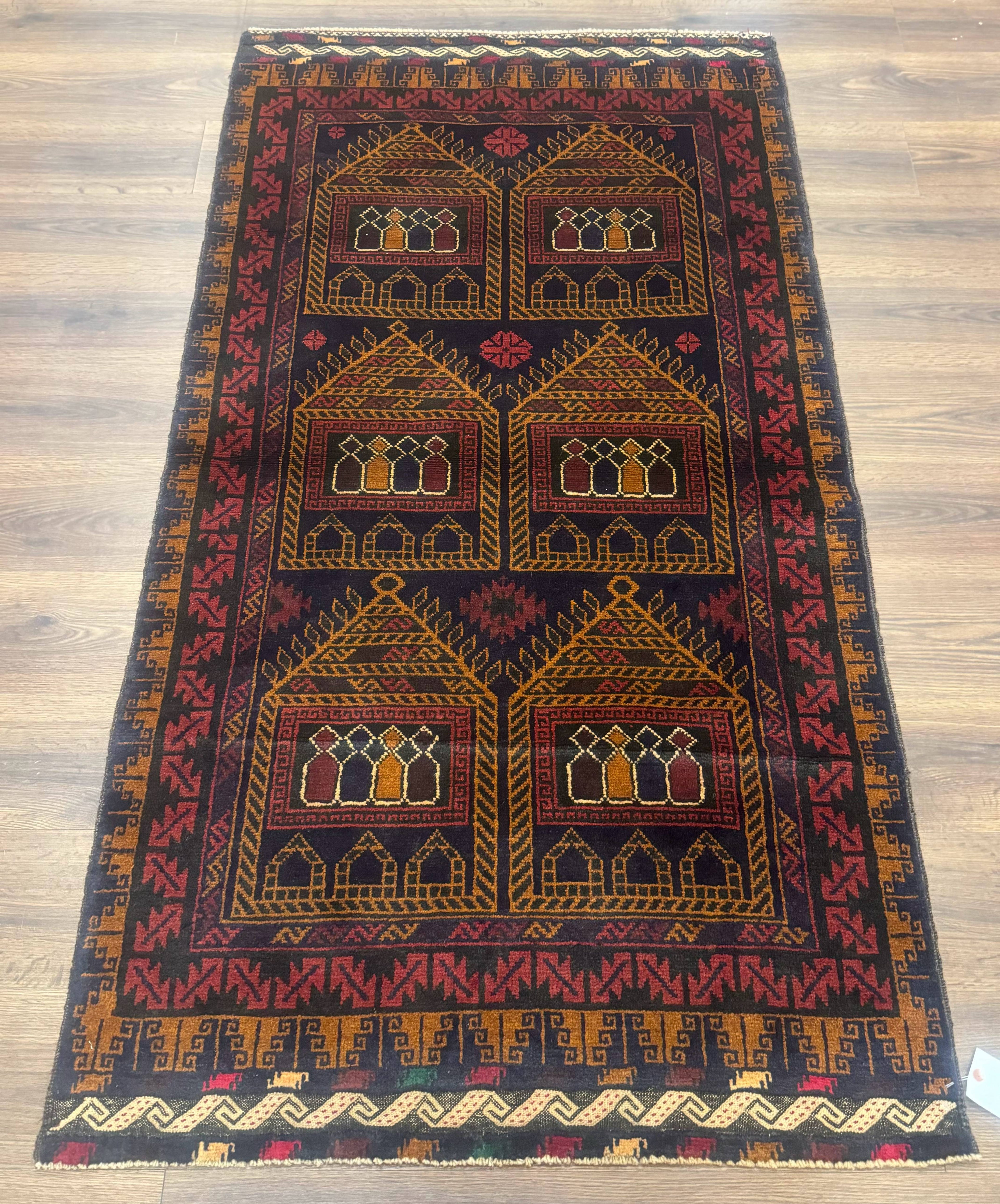 Afghan Rug 3x7, Navy Blue, Tribal Rug, Balouch Carpet, New