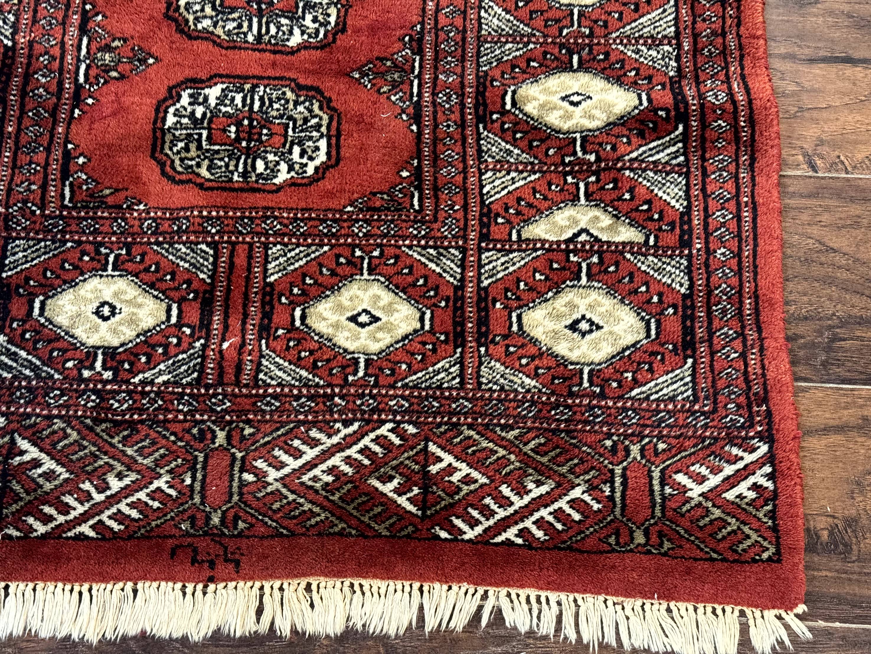 Red Pakistani Turkoman Rug 3x5, Bokhara Design, Vintage, Signed