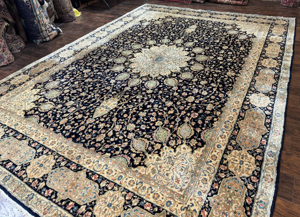 Large Persian Kerman Rug 10x14, Navy Blue and Beige, Floral Medallion, Traditional Elegant Persian Carpet, Signed by Masterweaver