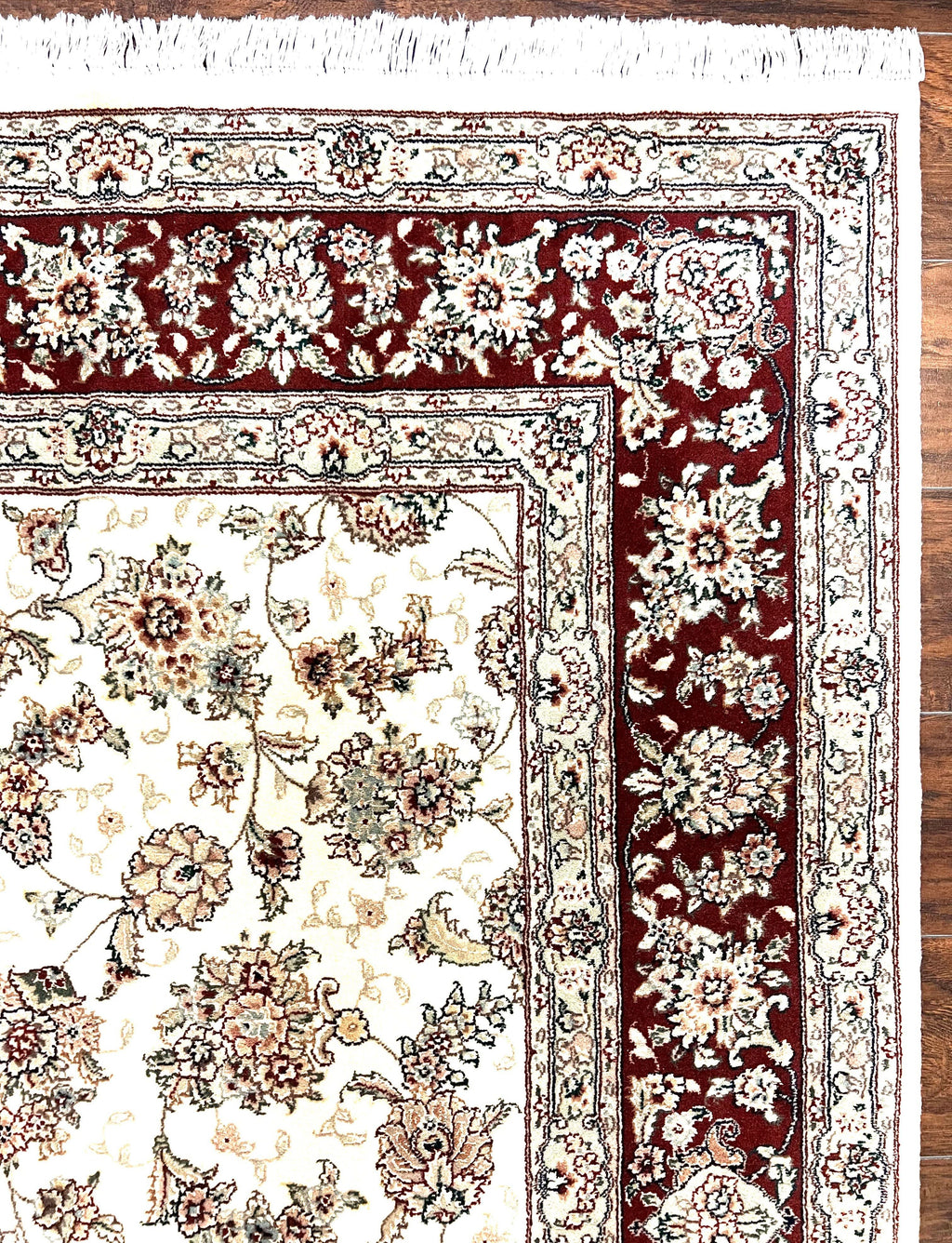 Pak Persian Rug 6x9, Floral Allover Carpet 6 x 9 ft, Cream and Maroon Hand Knotted Wool and Silk Fine Oriental Rug, Traditional Vintage Rug