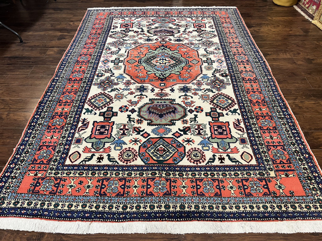 Persian Tribal Rug 8x11, Persian Ardabil Rug, Geometric Medallion Animal Pictorial Rug, Ivory Red Blue, Hand Knotted Vintage Wool Carpet