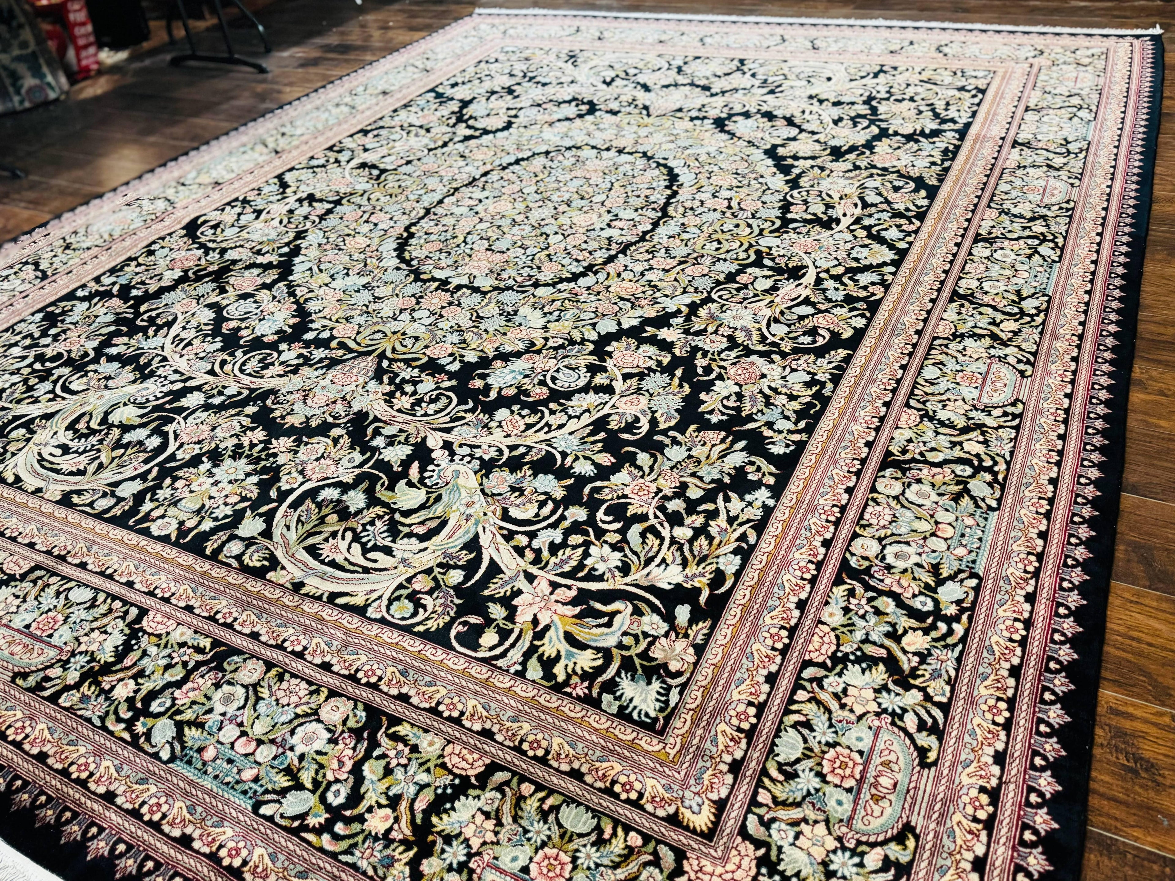 Pak Persian Rug 9x12, Highly Detailed Fine 260 KPSI, Floral, Handmade Traditional Carpet, Black