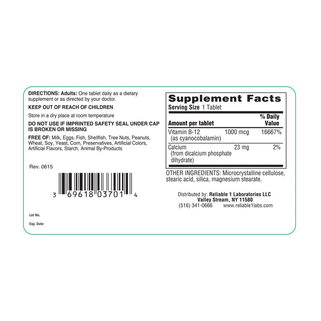 Reliable-1 Laboratories Vitamin B-12 – 1000 mcg (100 Tablets)