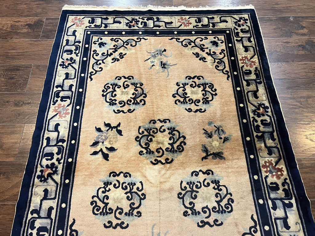 Chinese Peking Rug 4x6, Wool Hand Knotted Handmade Vintage Semi Antique Carpet, Semi Open Field, Light Peach & Navy Blue, Art Deco Rug