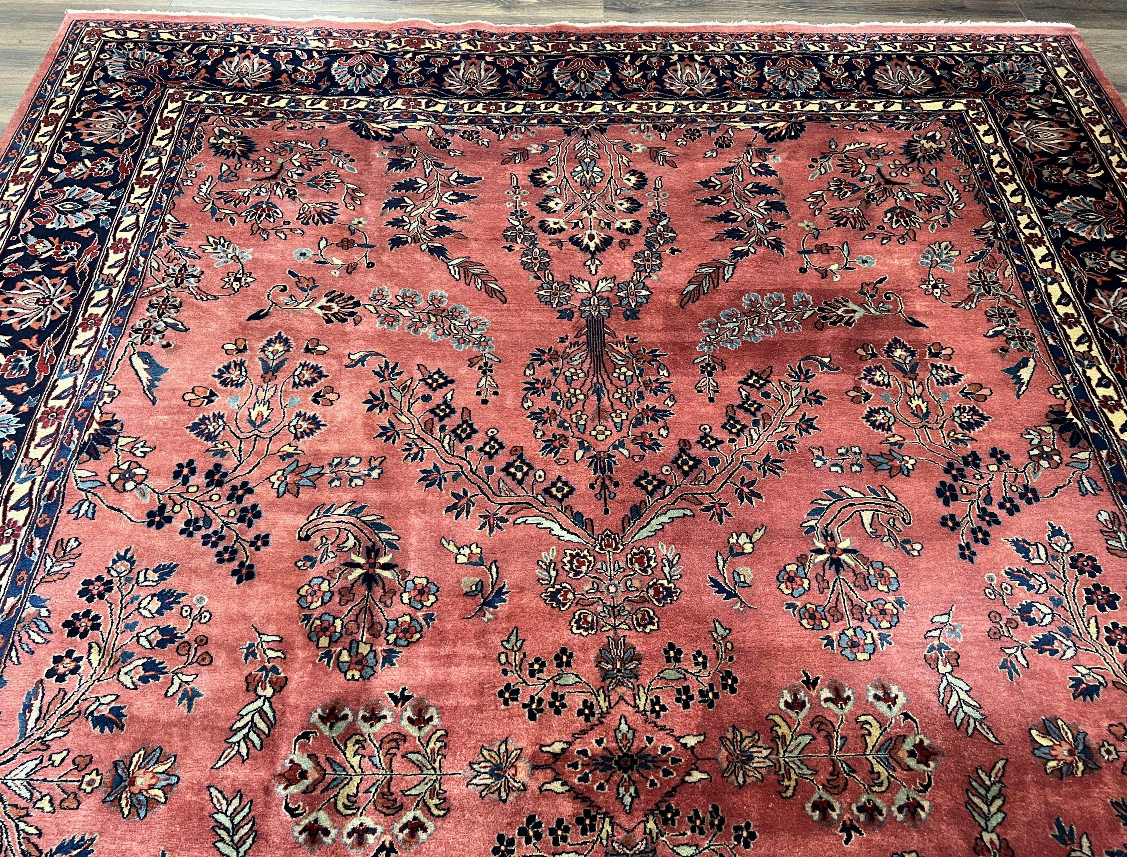 Indo Sarouk Rug 10x14, Vintage Indian Persian Area Rug 10 x 14, Wool Hand-Knotted Oriental Carpet, Red Floral Allover Large Rug, Beautiful