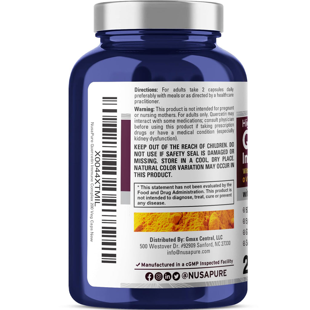 NusaPure Quercetin Complex: Bromelain, Vitamin C, Vitamin D3, Stinging Nettle, Zinc | 200 Veggie Caps (Non-GMO, Bioperine)
