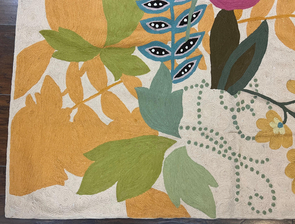 Indian Chain Stitched Rug 4x6, Hand Stitched Indian Embroidery Carpet, Large Floral Design, Contemporary, Cream and Colorful Flowers, Wool