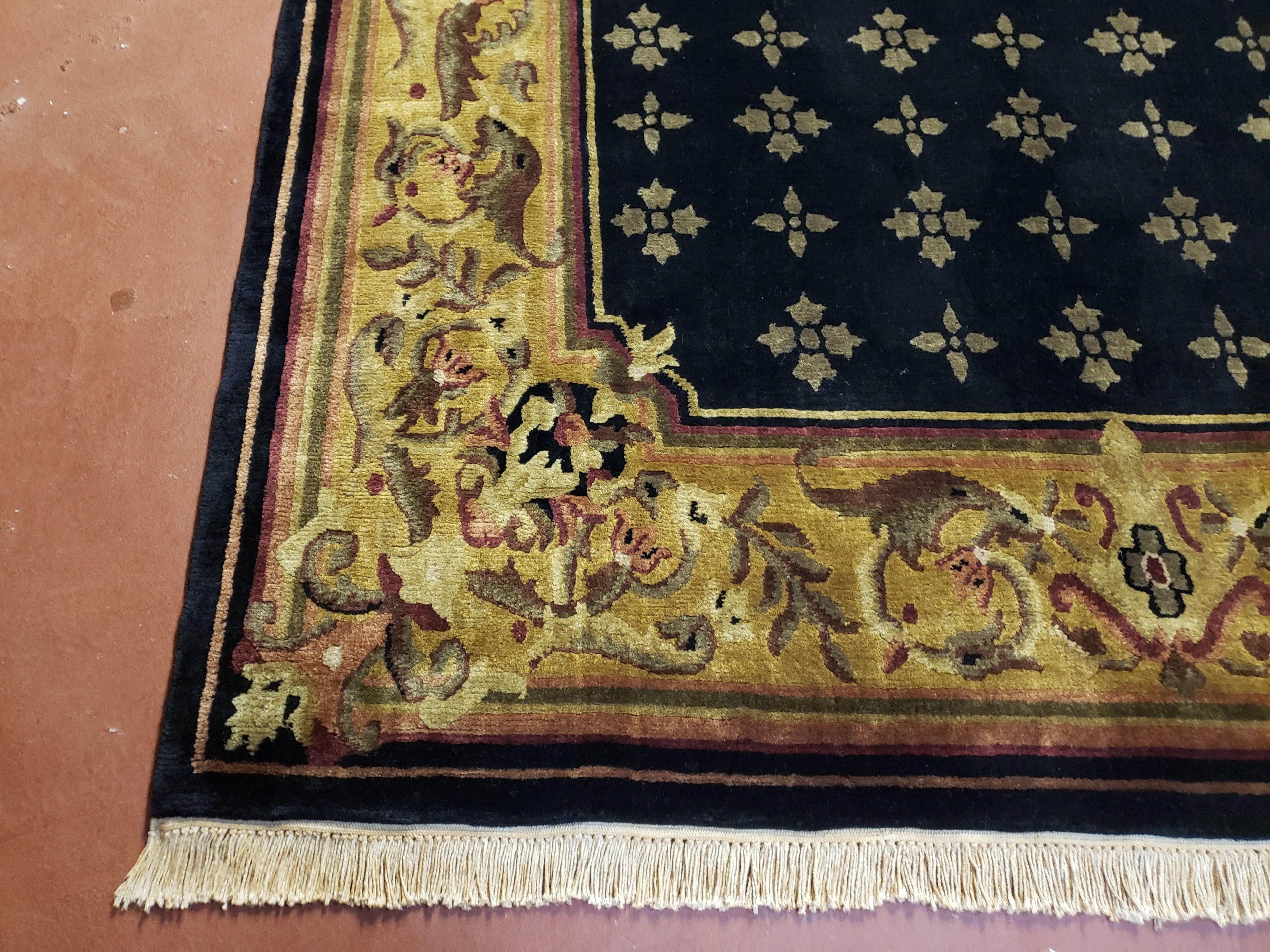 6x9 Aubusson Design Nepali Tibetan Rug Black & Tan Hand-Knotted Wool Carpet Soft Plush Pile New Rug Nice