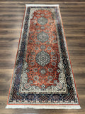 Turkish Silk Runner Rug 3x8, Short Runner Rug, Red, Floral Medallions, Very Fine 360 KPSI, 3 x 8 Runner