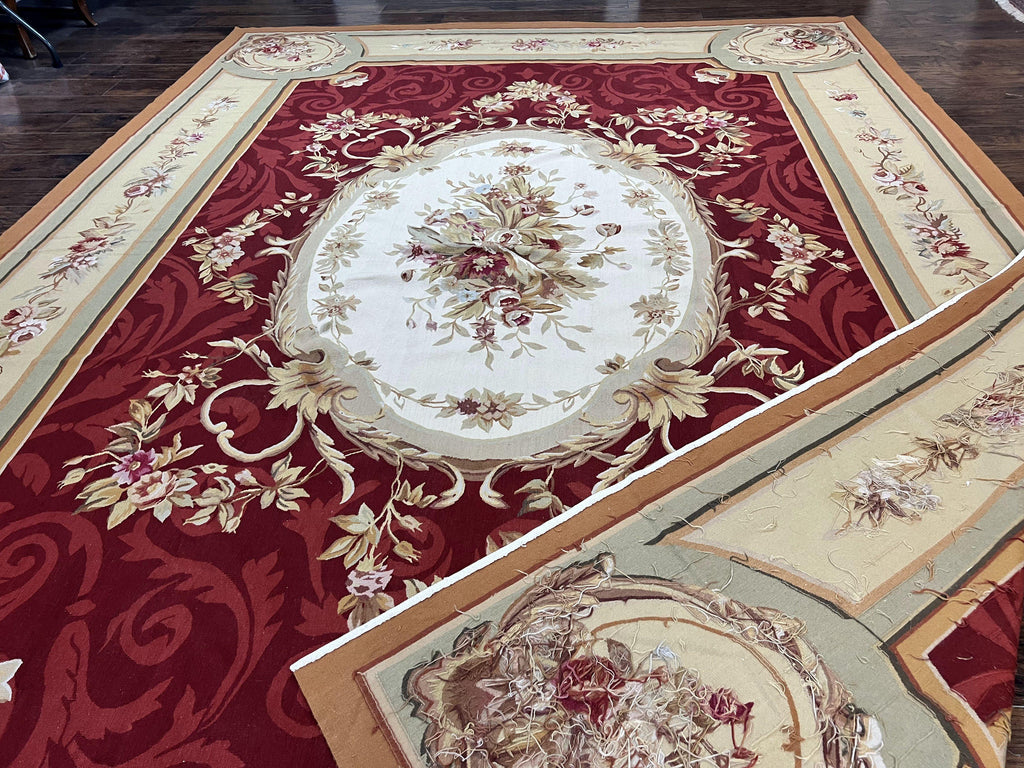 Large Aubusson Rug 10x14, Wool Handmade Vintage Carpet, Dark Red Ivory Tan, French European Elegant Aubusson Weave Rug
