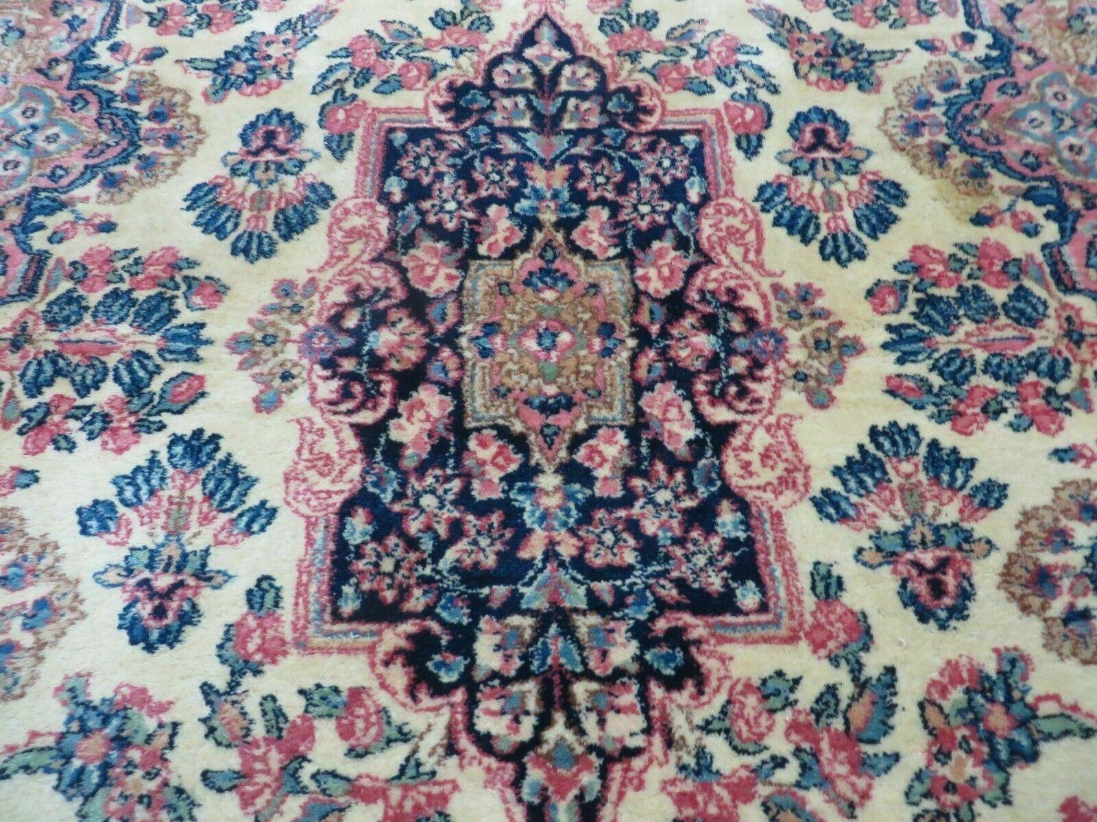 Antique Persian Kirman Rug 3.9 x 6.6, Floral Oriental Carpet, Ivory/Cream - Blue - Pink, Hand Knotted Wool Rug, Floral Medallion Rug 4x6