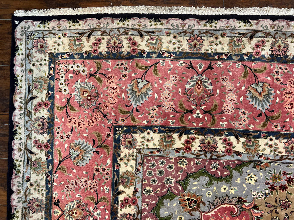 Magnificent Persian Tabriz Rug 11x16, Oversized Persian Carpet 11 x 16 ft, Wool on Silk Finely Hand Knotted, 450 KPSI, Floral Medallion, Black Pink