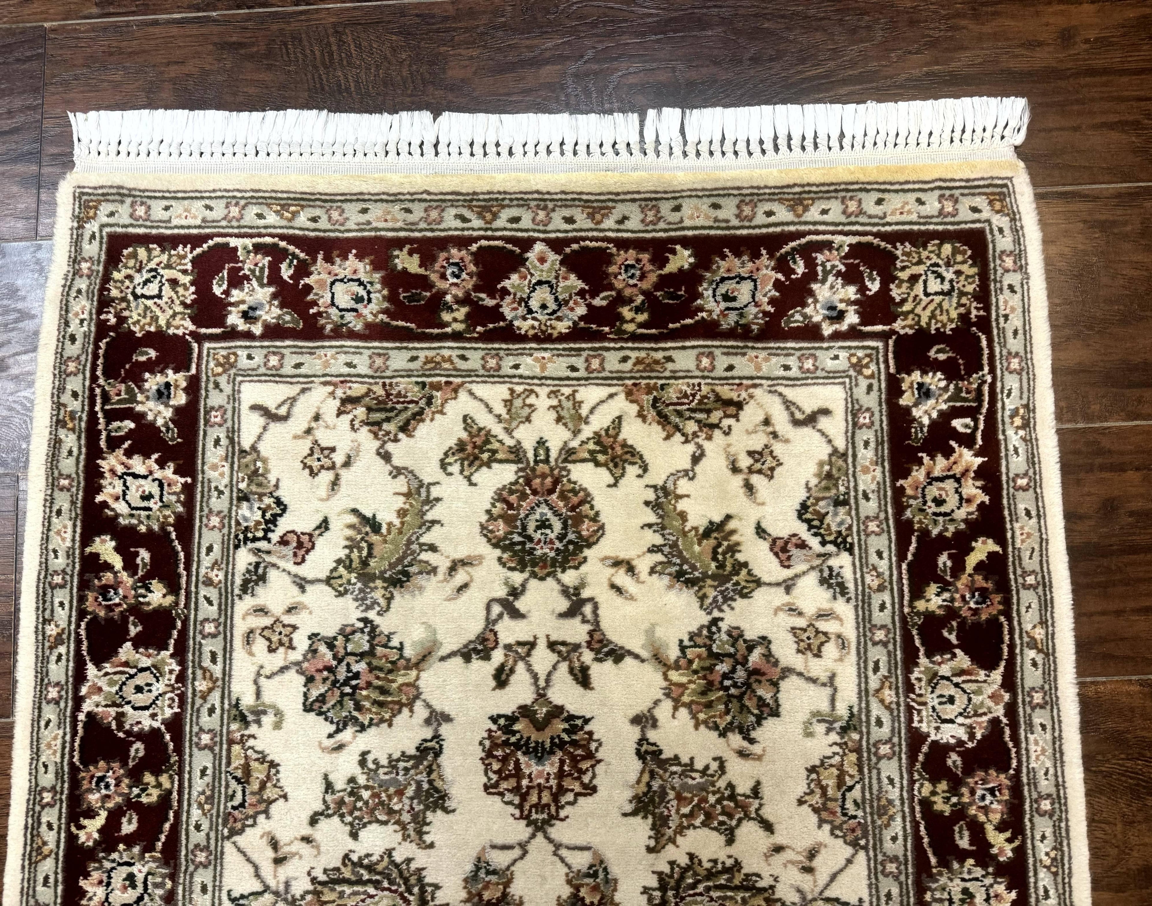 Pak Persian Runner Rug 2.8 x 8, Handmade Vintage Carpet, Beige and Maroon, Wool and Silk Highlights