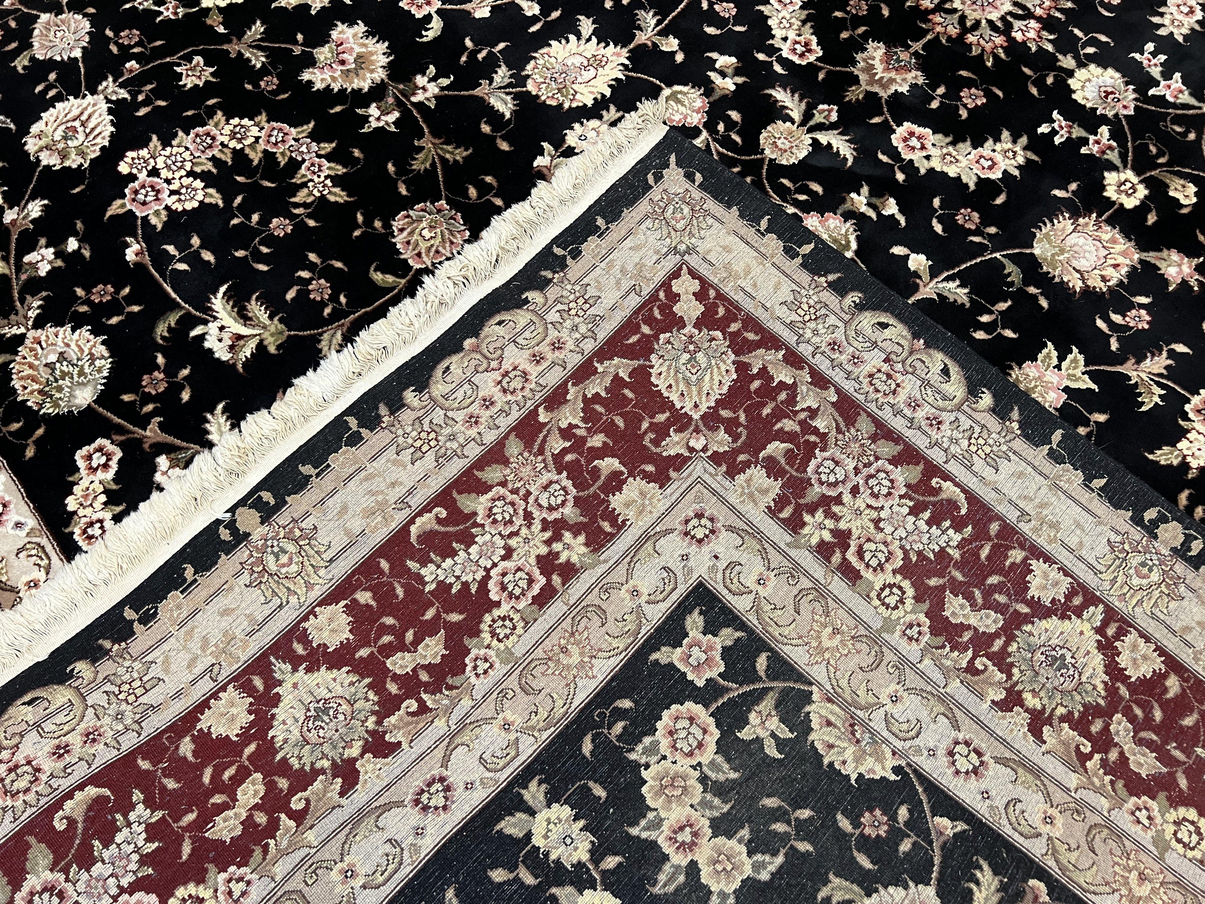 Sino Persian Rug 9x12, High Quality Oriental Carpet, Black and Maroon, Wool and Silk, Allover Floral Pattern, Hand Knotted, Vintage Rug Nice