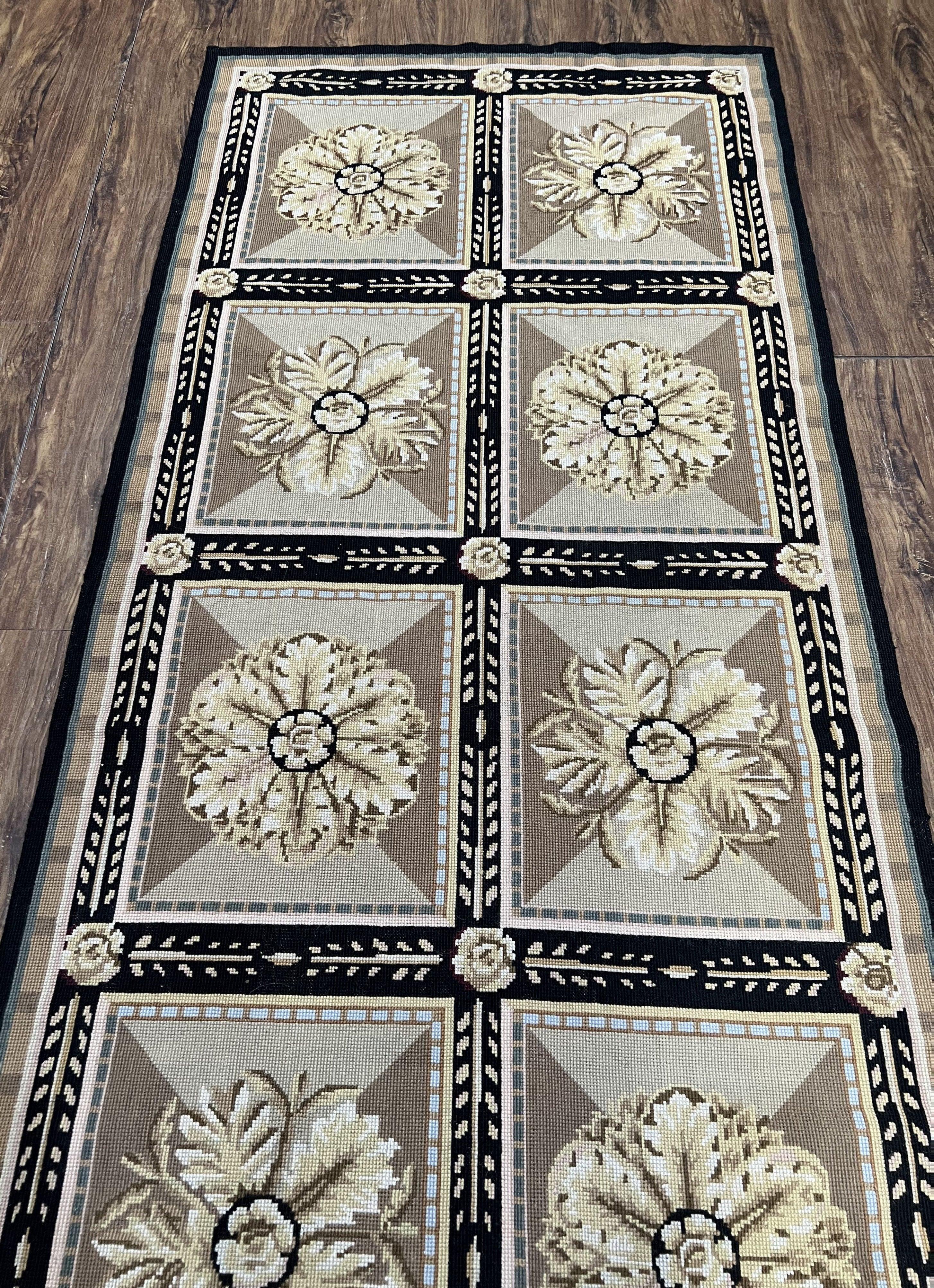 Needlepoint Runner Rug 3x8 Panel Design Rug, Flatweave Runner Rug, English Design, Floral, Short Runner Rug, Black and Beige Wool Hand-Woven