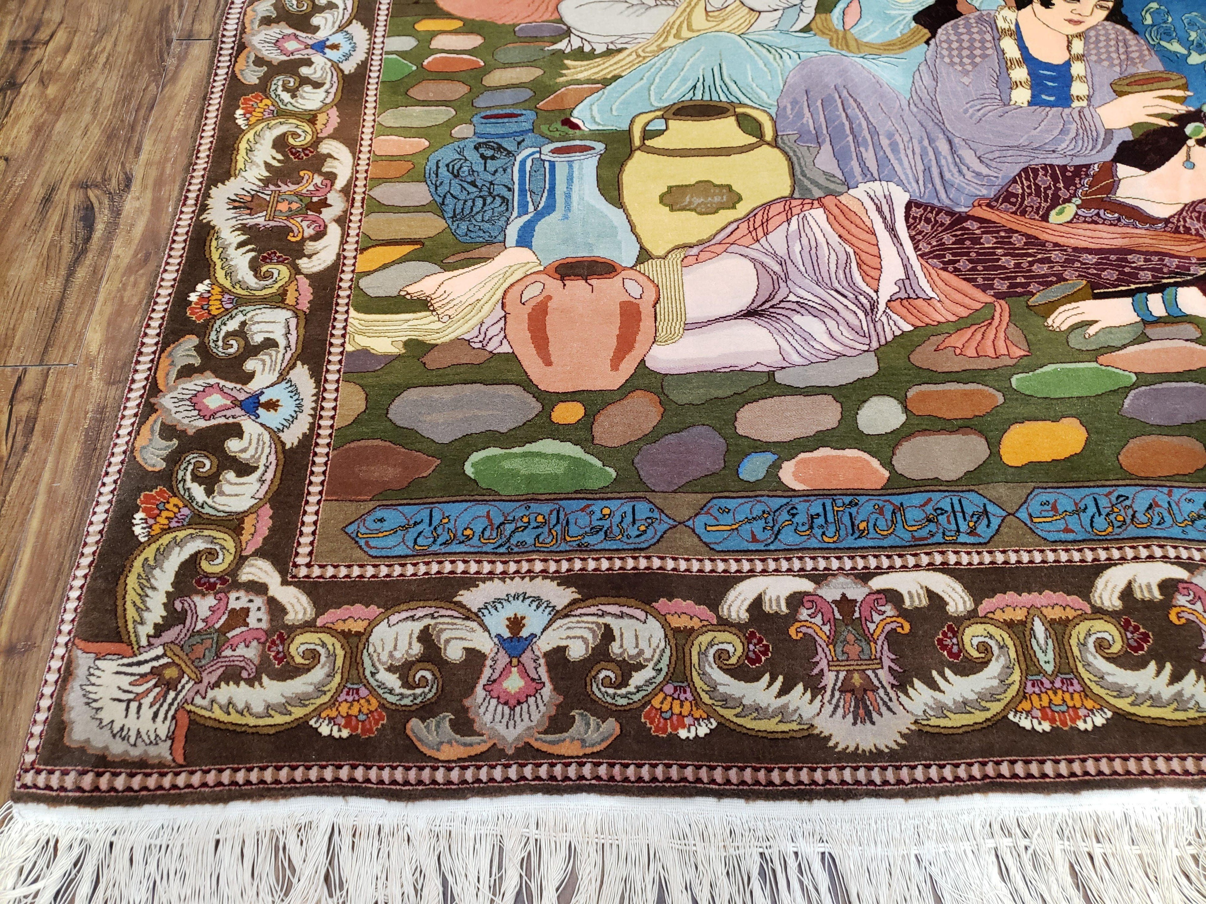Semi Antique Persian Isfahan Pictoral Rug 4.10x6.1, Wool Handmade High Quality Decorative Carpet