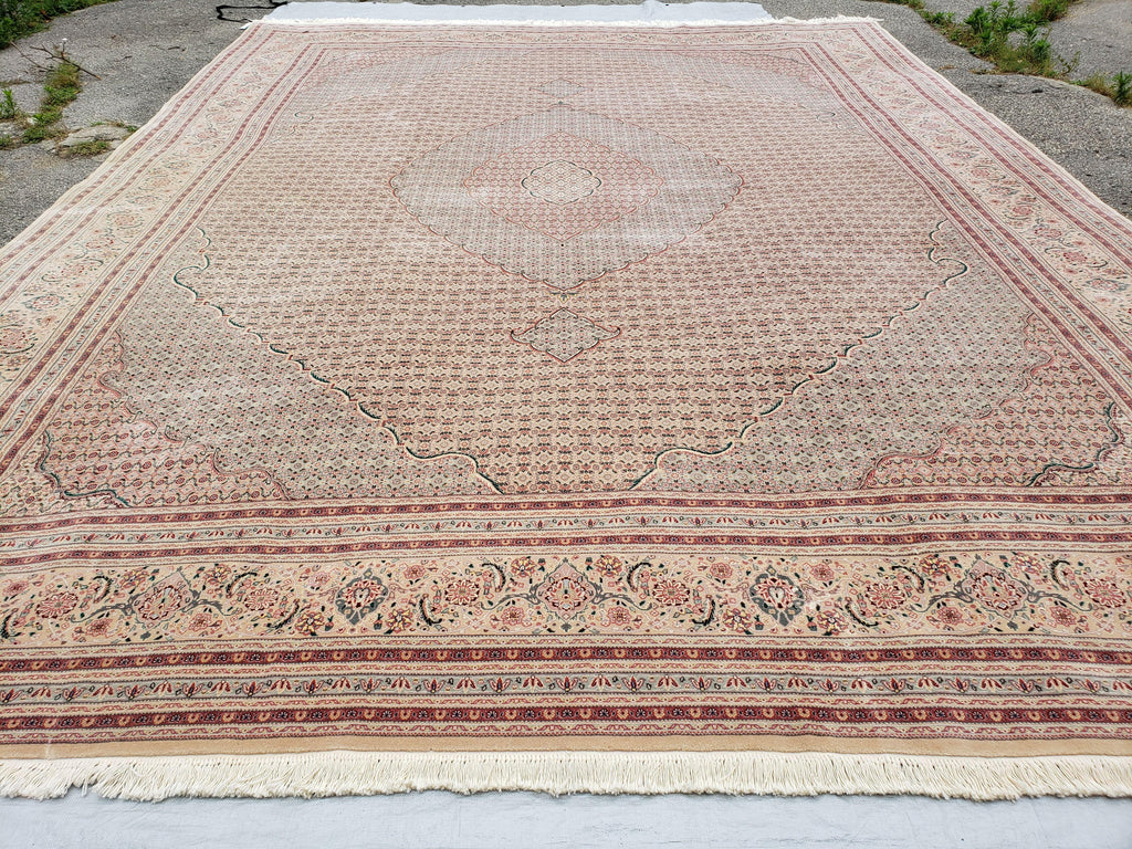 Stunning Oversized Pak Persian Oriental Rug 12x15, Hand Knotted Wool & Silk Palace Sized Carpet, Mahi Pattern, Very Fine, Peach Beige, Wow