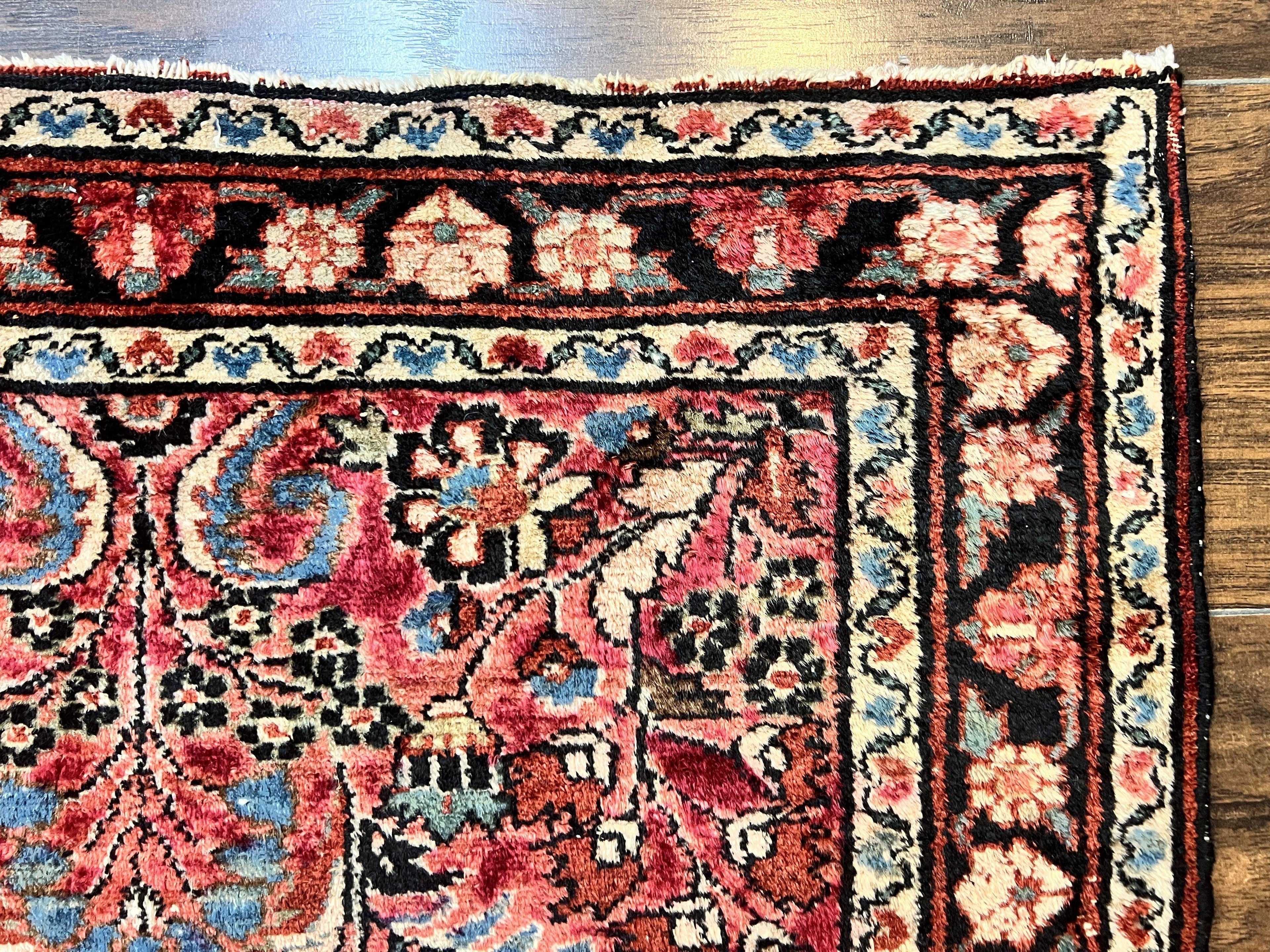Small Antique Persian Rug 2.6 x 4, Red Floral Handmade 1920s Wool Rug, Persian Hamadan Lilian Rug