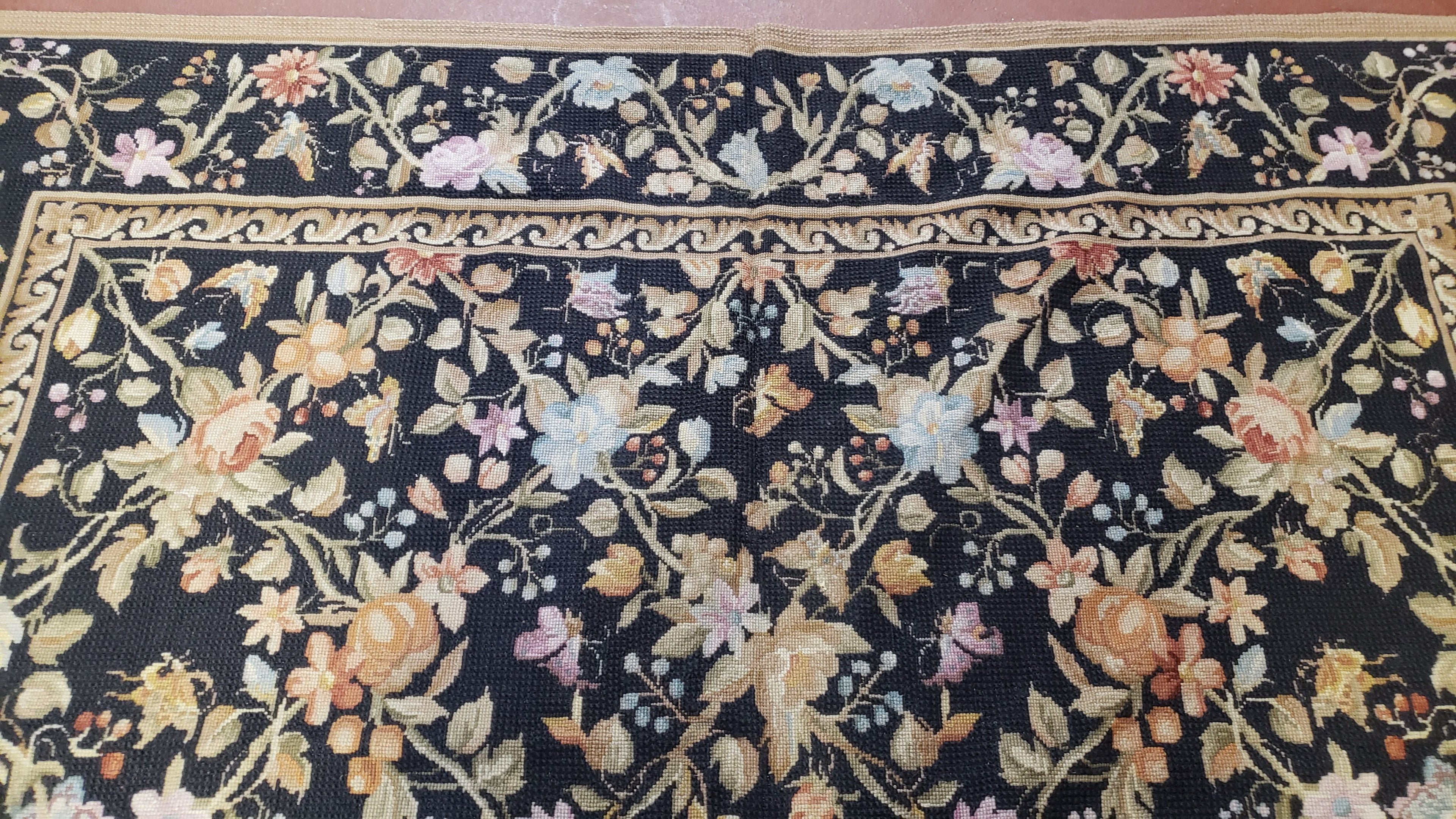 6x9 Vintage Needlepoint Rug, Petitepoint Carpet, Butterflies Floral Design