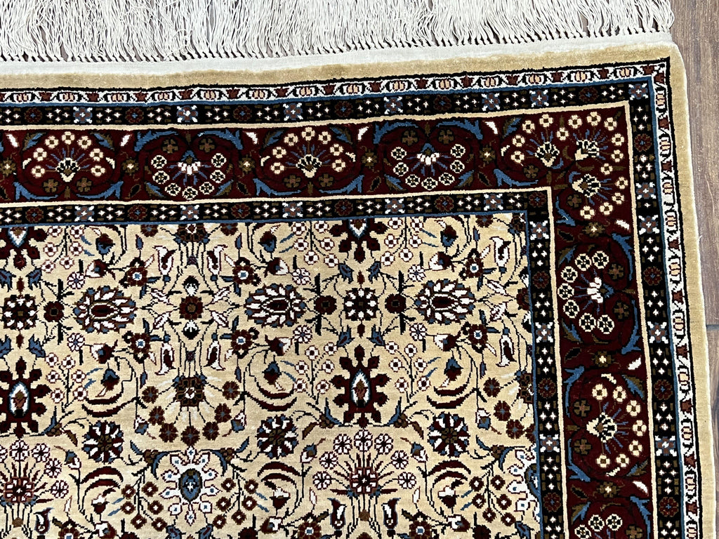 Fine Sino-Persian Silk Rug 3x5, High Quality Silk Carpet, Handmade Small Silk Rug, Allover Repeated Motif, Tan Maroon Blue Vintage Silk Rug