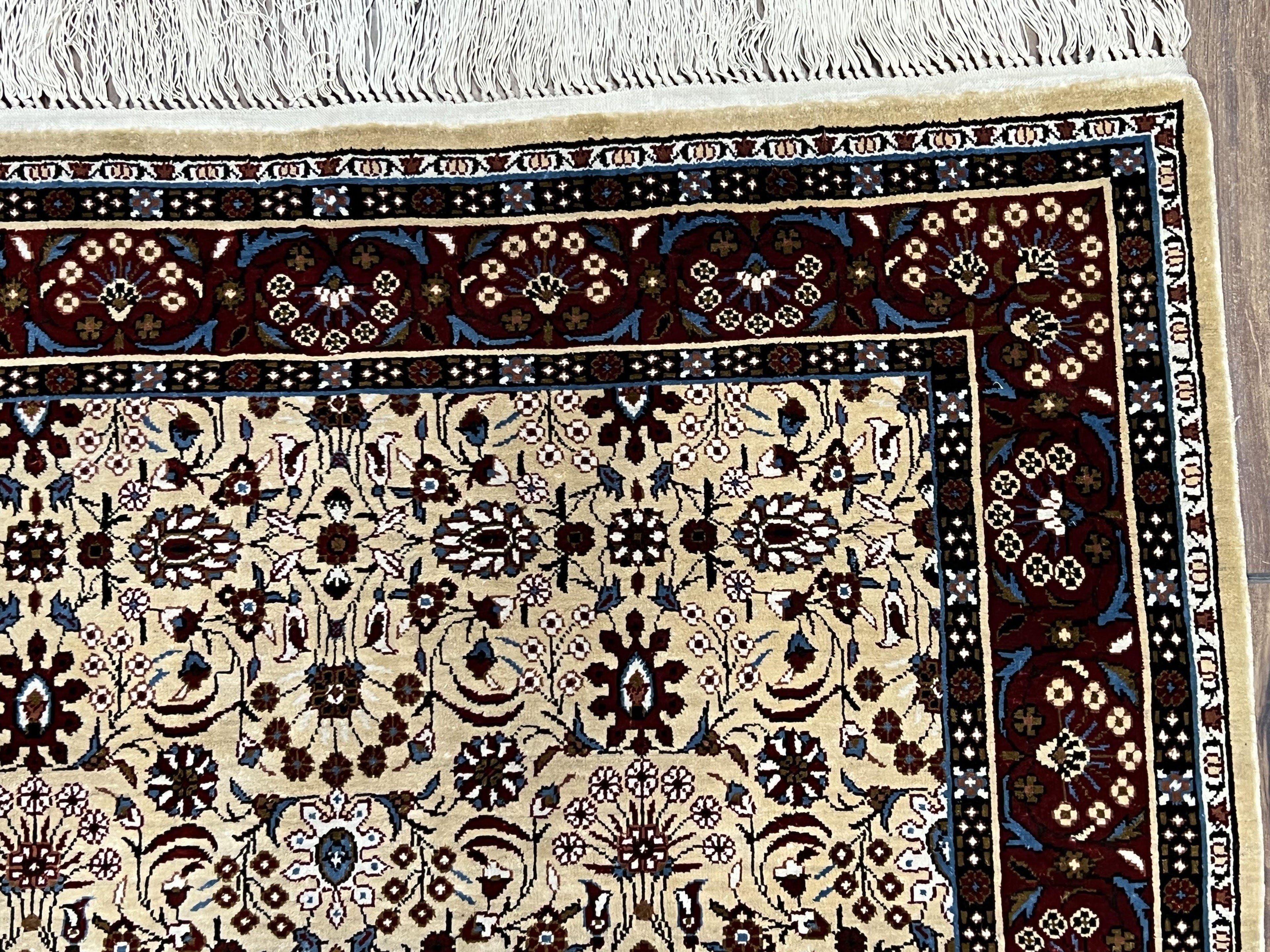 Fine Sino-Persian Silk Rug 3x5, High Quality Silk Carpet, Handmade Small Silk Rug, Allover Repeated Motif, Tan Maroon Blue Vintage Silk Rug