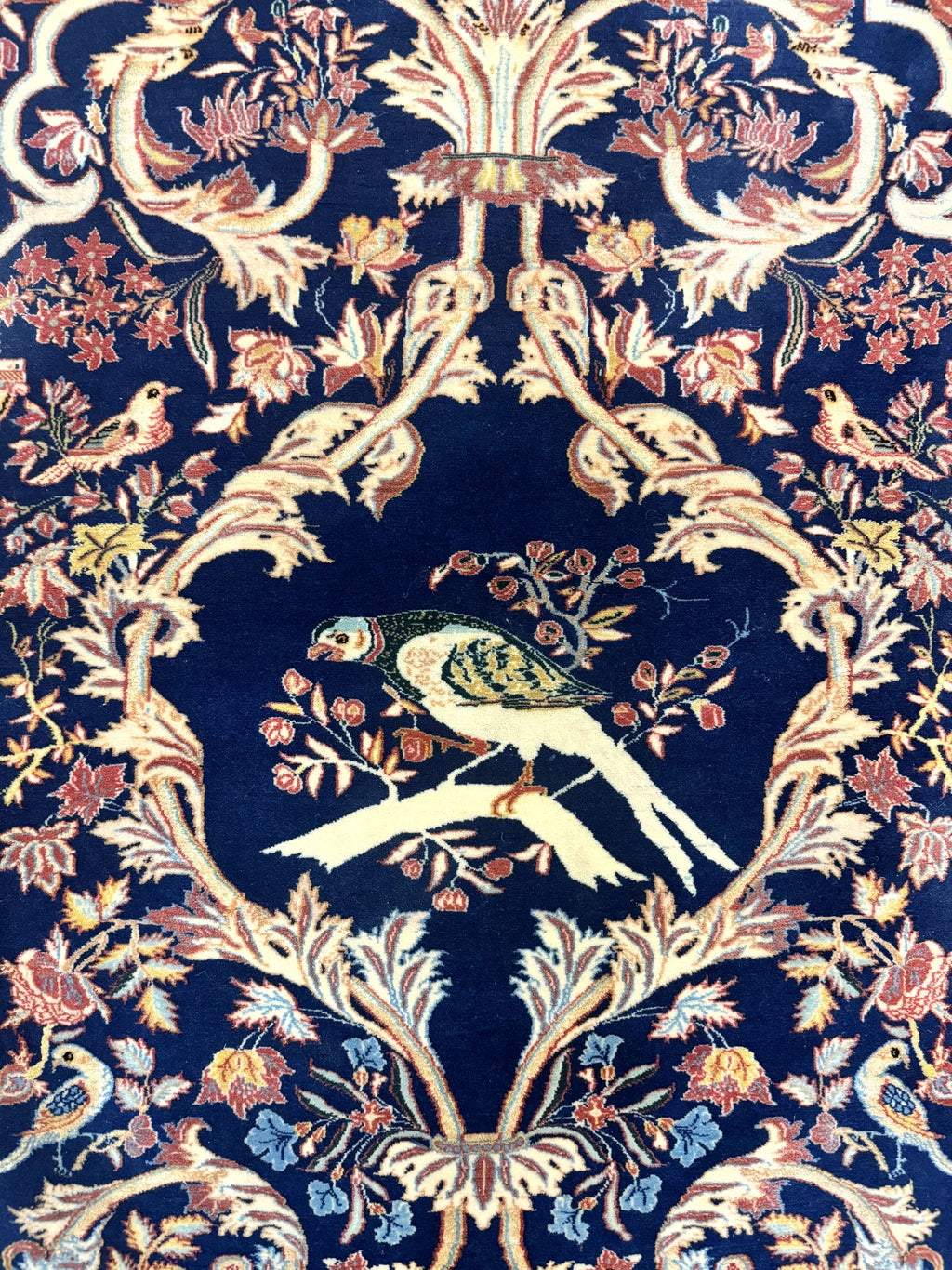 Persian Isfahan Rug 2x4, Birds, Navy Blue, Kork Wool on Silk Foundation, 460 KPSI