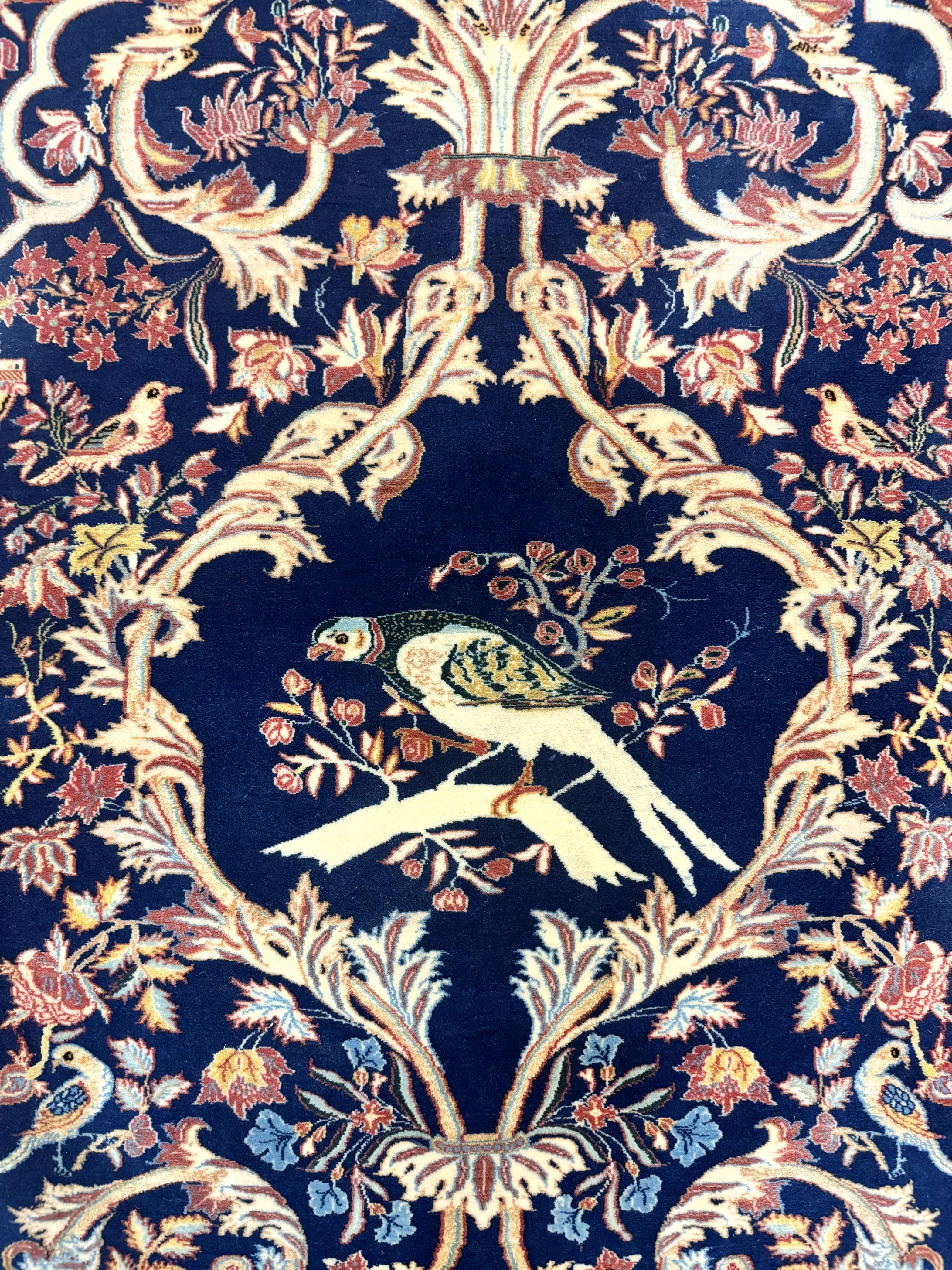 Persian Isfahan Rug 2x4, Birds, Navy Blue, Kork Wool on Silk Foundation, 460 KPSI